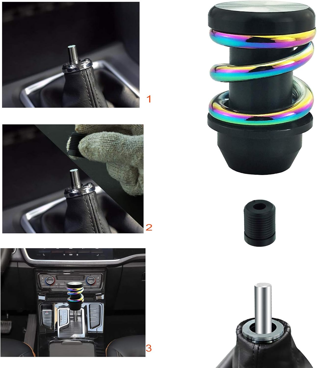 Lunsom Spring Shifter Knob, Aluminium Alloy Gear Stick Head Manual Auto Shifting Knob with 3 Adapters Metal Stick Grip Lever Shift Handle (Colorful Spring&Black)