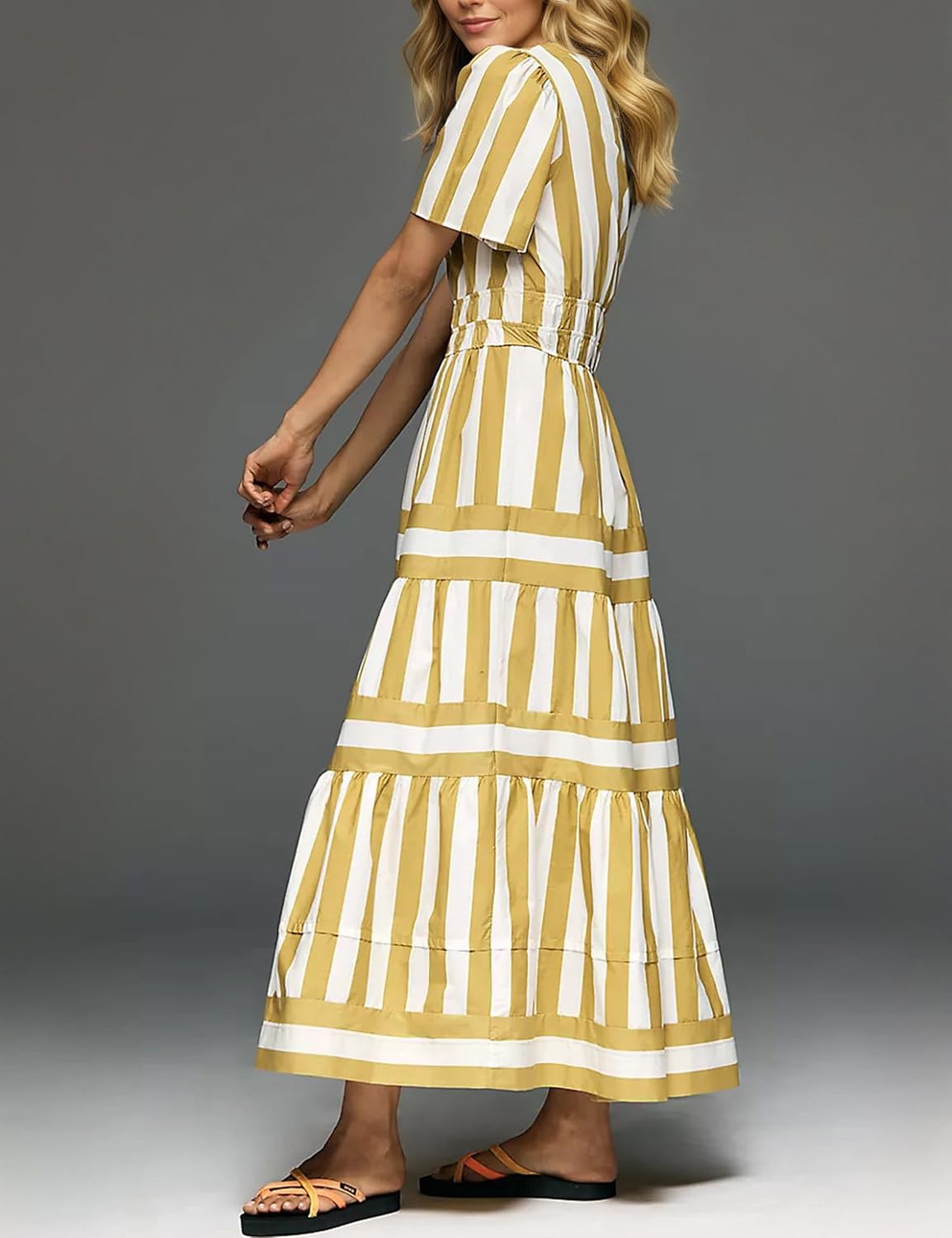 Summer Striped Maxi Dress for Women Casual V Neck Short Sleeve Flowy A Line Long Vacation Dresses Boho Beach Sundress