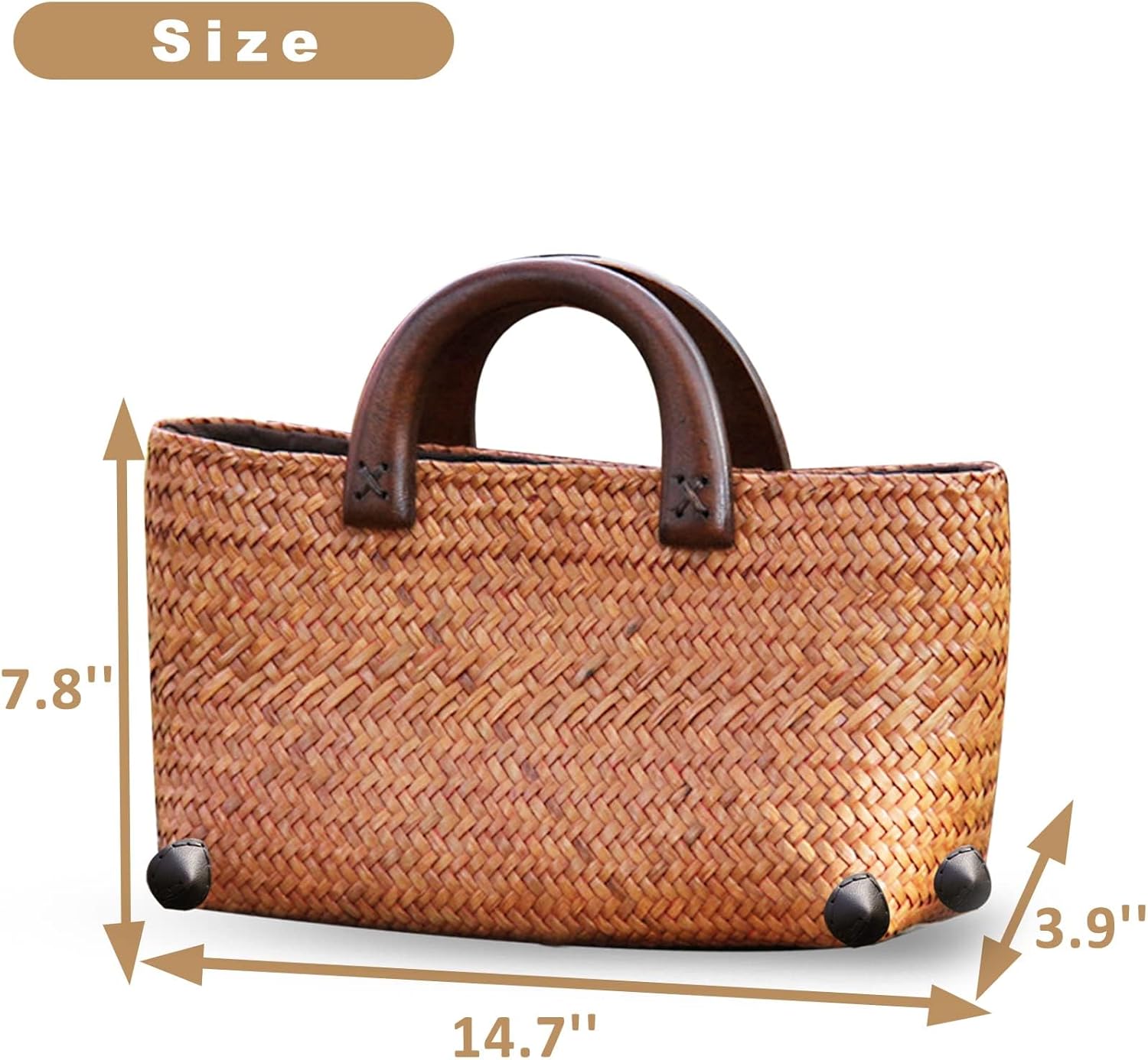 Straw Bag for Women, Summer Beach Handmade Rattan Tote Bag, Round Wooden Handle, Boho Retro Straw Woven Handbag, Large Capacity Beach Vacation Bag (Brown) - Image 4