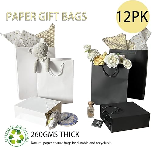 Miniatura 3 de AMROSE Paquete de 12 bolsas de regalo surtidas con papel de seda, tres tamaños, bolsas de regalo de papel reciclable a granel para cumpleaños,