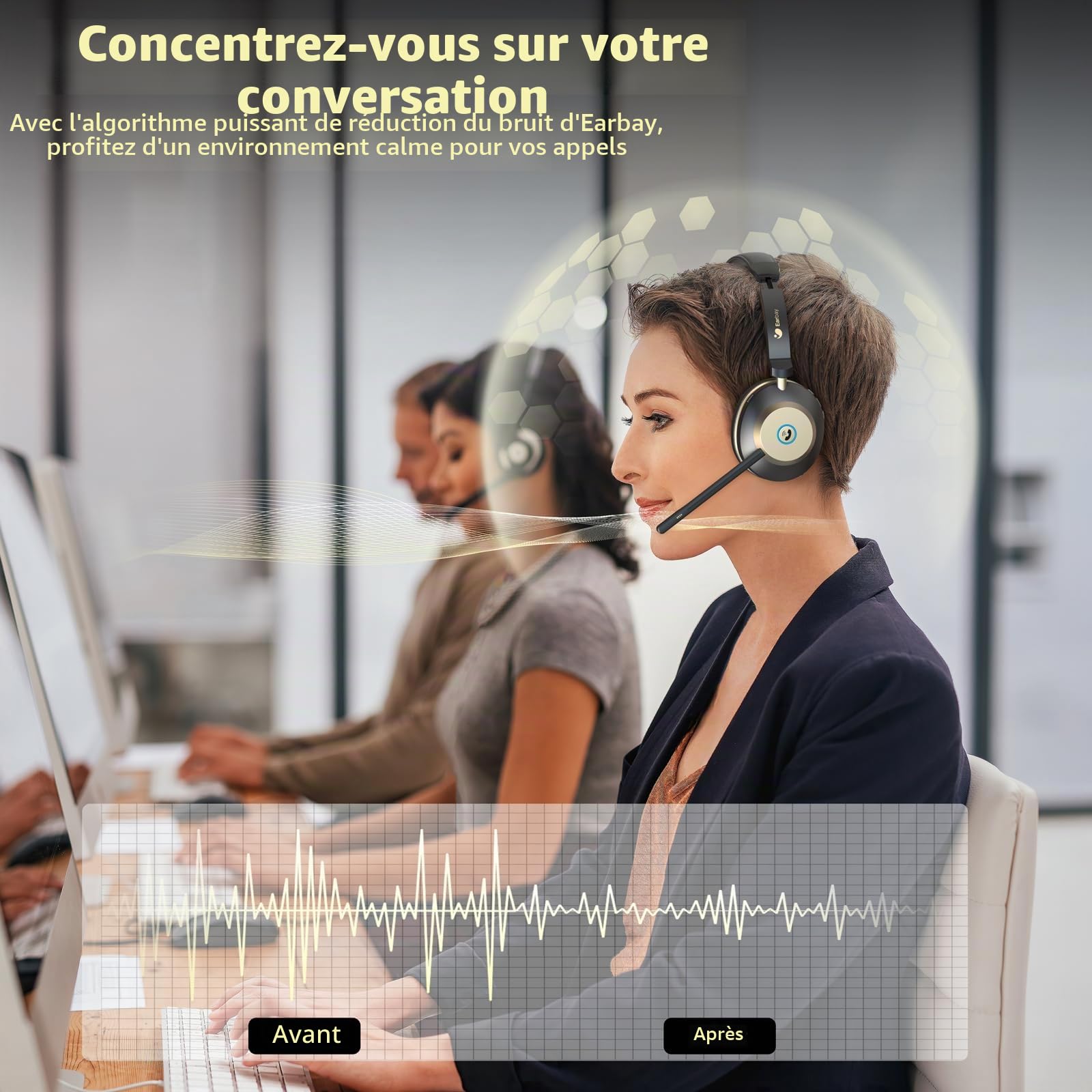Casque Bluetooth sans fil avec microphone, casque supra-auriculaire avec micro antibruit/mute/station de charge/dongle USB, 45 heures, téléphones portables, équipes Skype Zoom