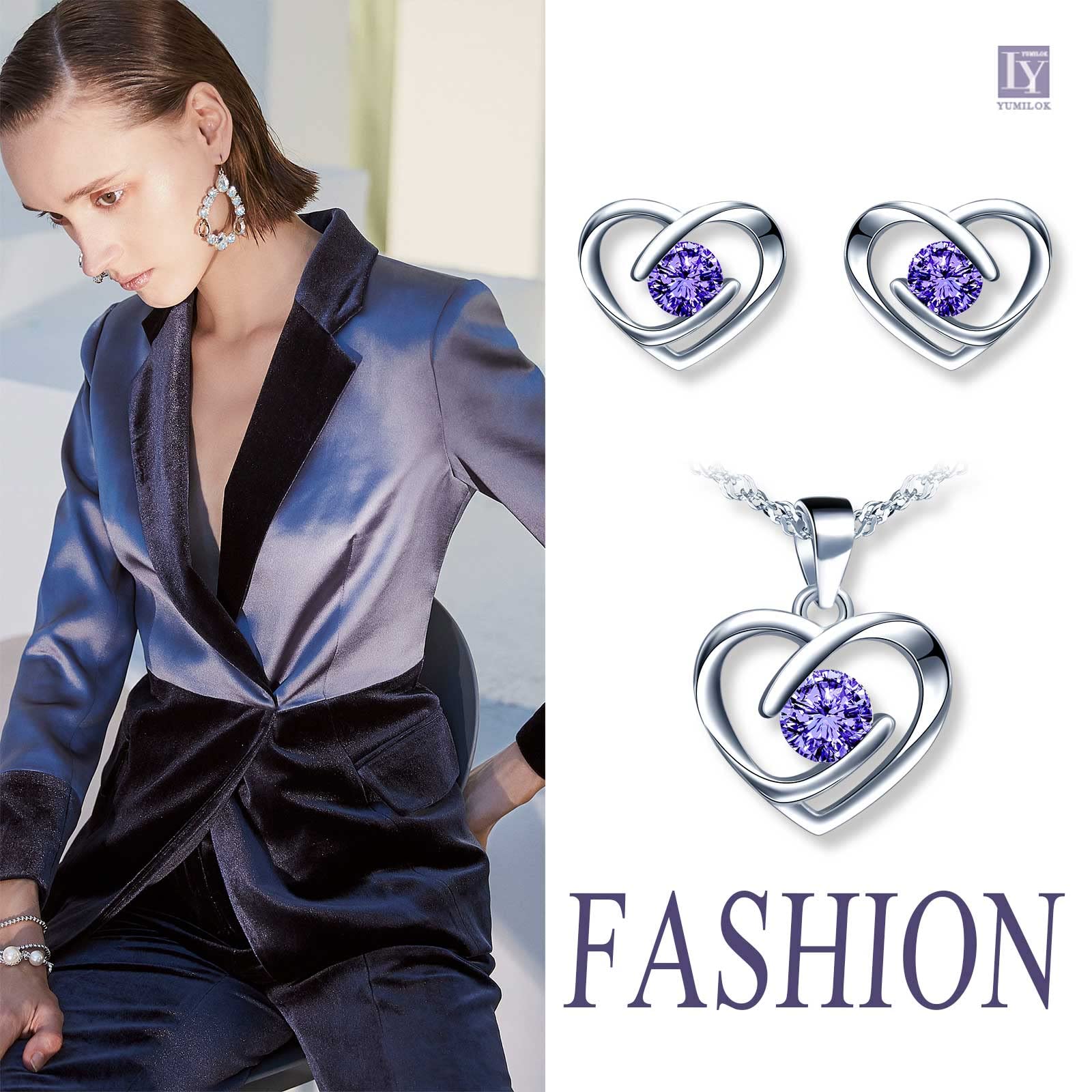 Yumilok-Collar con colgante para mujer S925 Plata de ley Simple Hollow Love Heart Circón Pendientes de botón de plata esterlina Conjunto de combinación de colgante Moderno y hermoso(Azul)