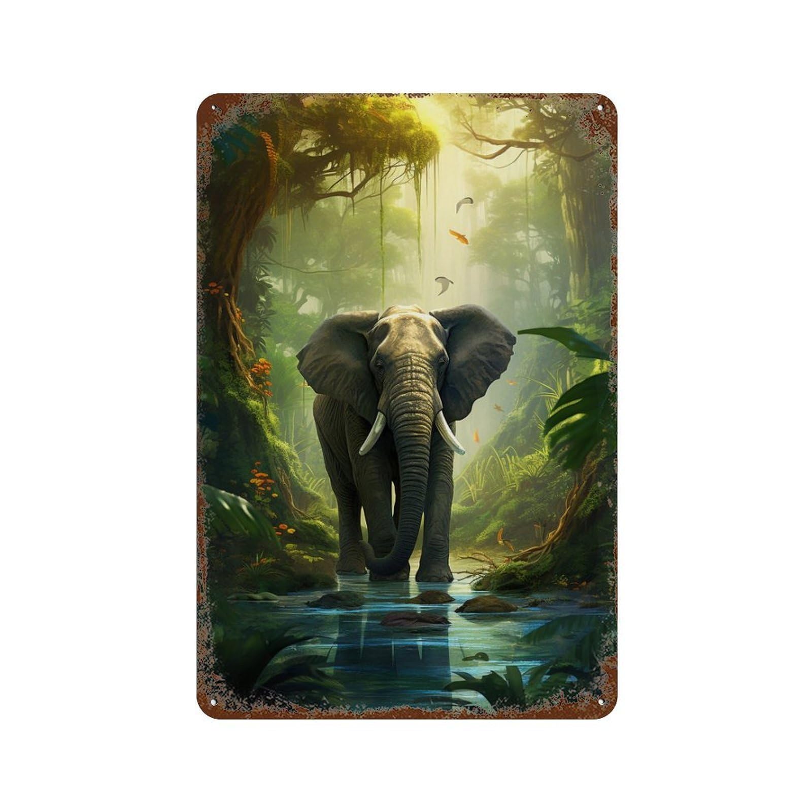 Elephant in Amazon Rainforest Vintage Rust Metal Sign 11.8"x7.9", for Patio, Garden Room And Bar Decor, Novelty Wall Decor