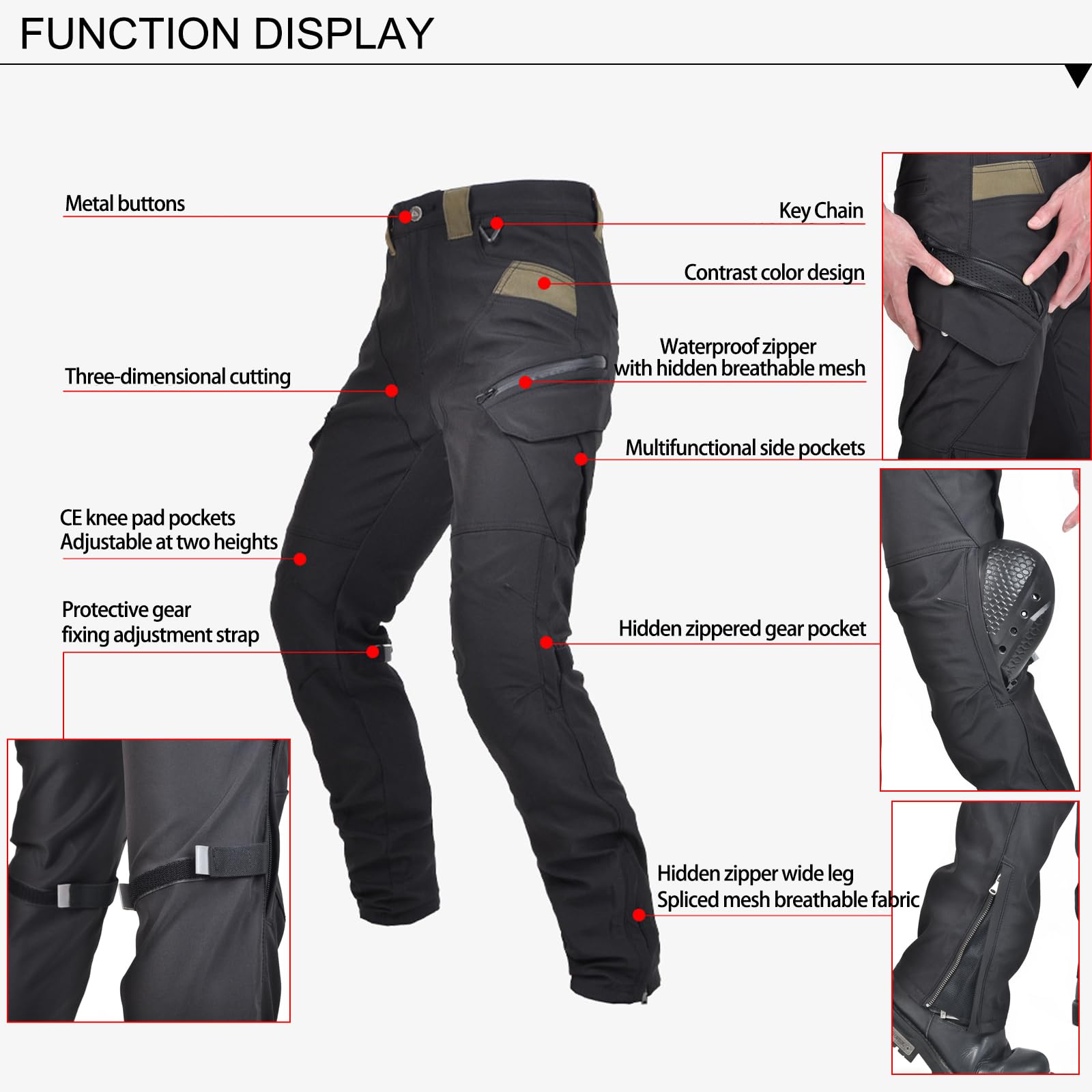 Pantalon Cargo de Moto Femme avec Ceinture Casual Vintage Racing Vélo Coupe-Vent Résistance à l'eau Homme Pantalon de Protection Vêtements de Sécurité avec Amovible Silice Protéger Pads