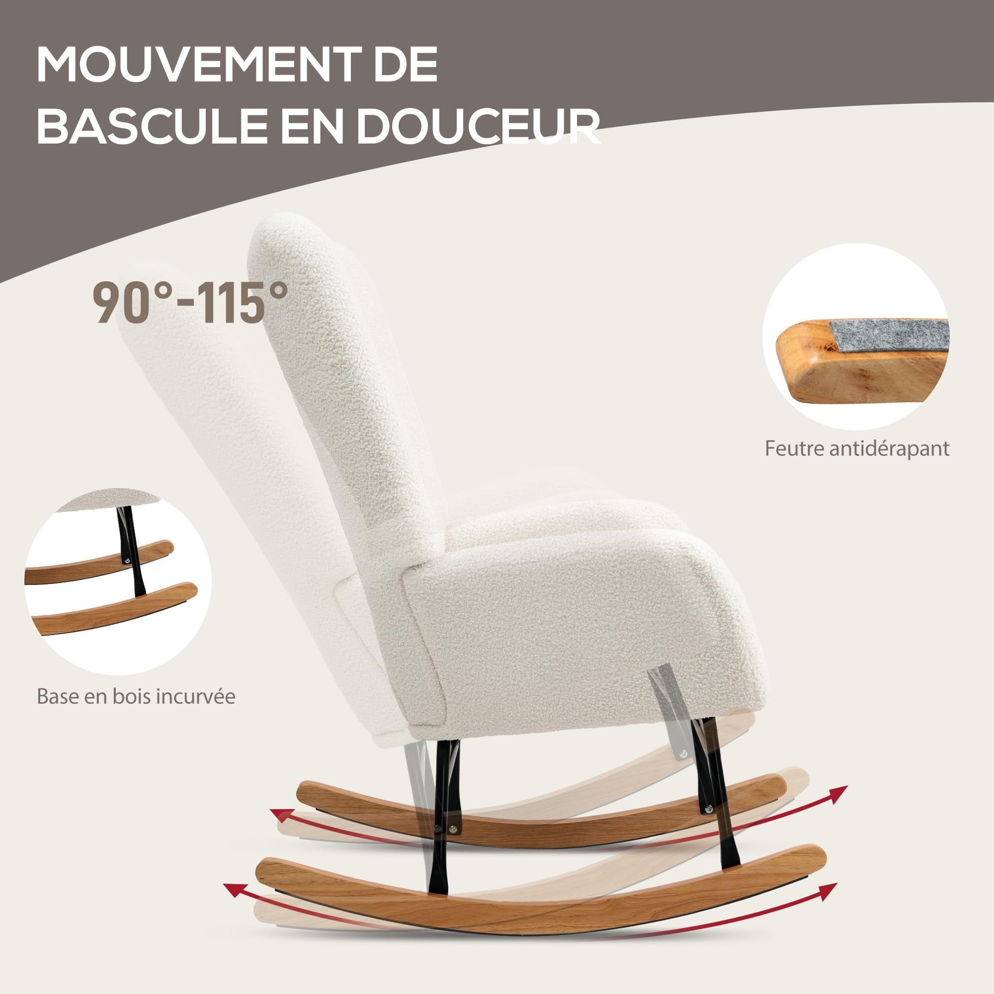 HOMCOM Fauteuil à Bascule Fauteuil Allaitement Rocking Chair Moderne en Tissu Effet Laine bouclée avec Pieds en Bois Massif d'hévéa, Chaise à Bascule pour Chambre, Salon - 70 x 94 x 100 cm, crème