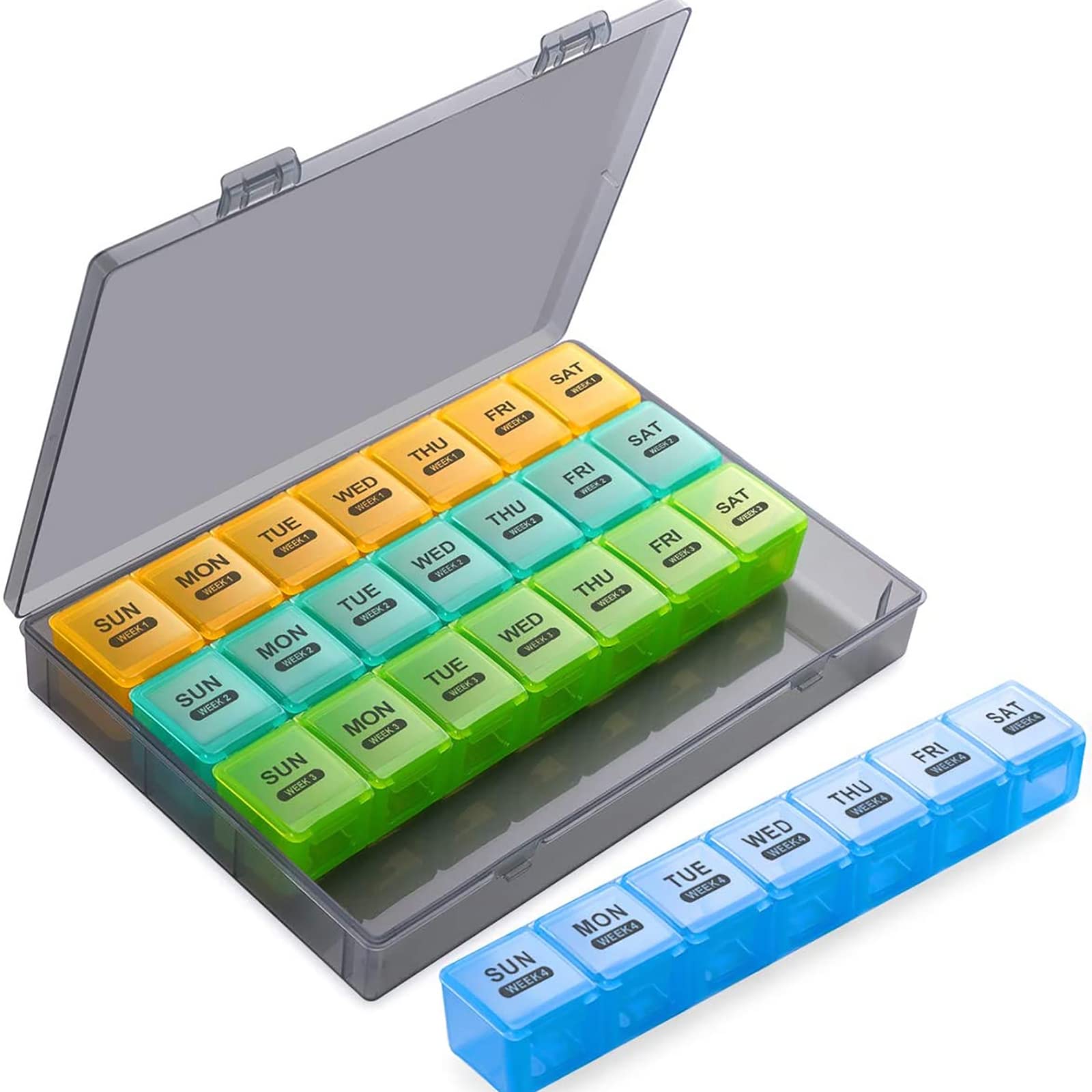 Portapillole Settimanale 7 Giorni Pill Box Giornaliero 28 Scomparti Grande Stampa Organizer per Pillole Settimanale Pillole Organizer Pastiglie o Medicinali