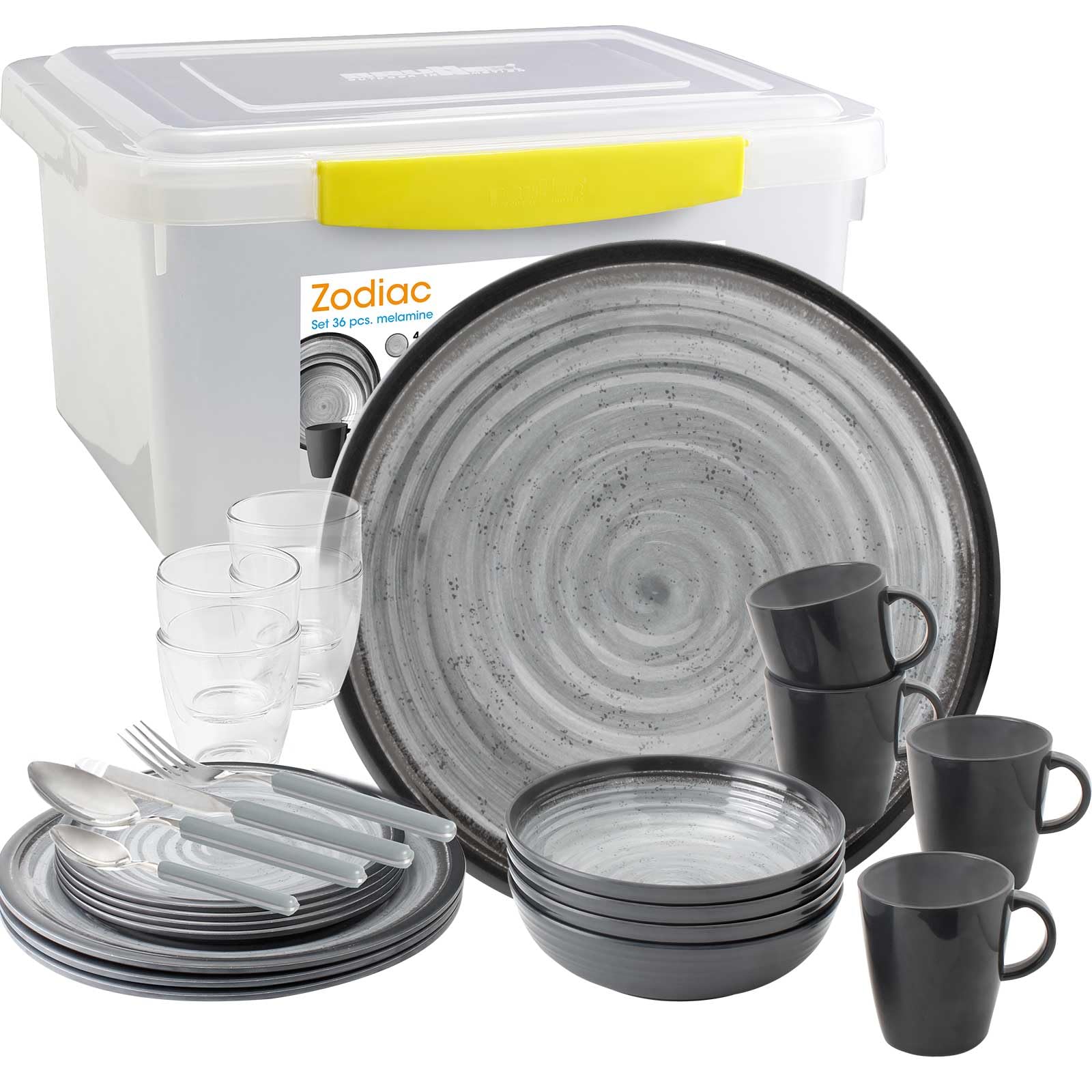 Camping-Geschirr Set Melamin 2-4 Personen | SUNDREAM Zodiac 12, 16 oder 36 teilig | Teller, Schüsseln oder Becher | Ultra-Leicht, Bruchfest, Kratzfest & BPA-Frei - Vintage Stil in Schwarz