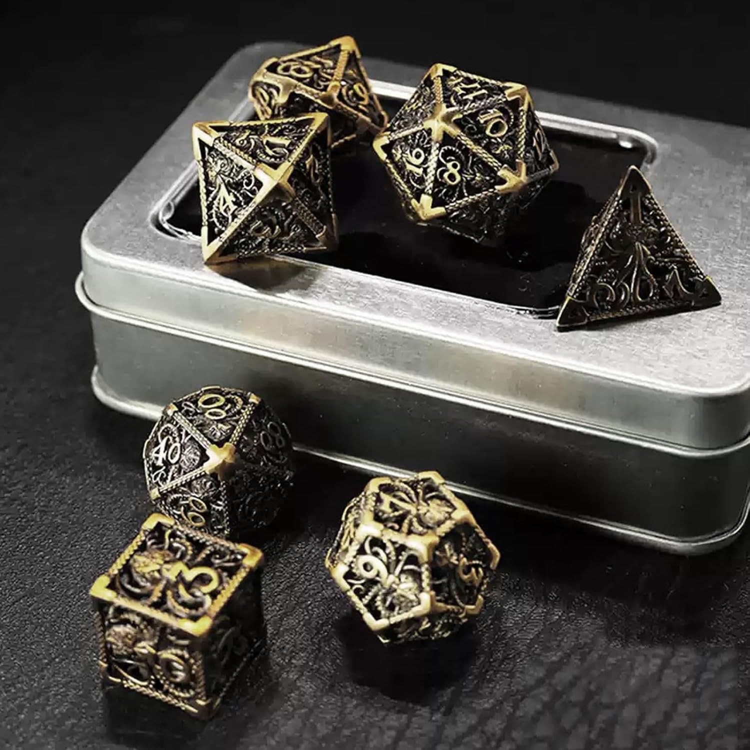 DND Cthulhu Metal Dice Set - 7 Piece Hollow Polyhedral Dice with Matching Metal Box for DND Campaigns & Game Nights