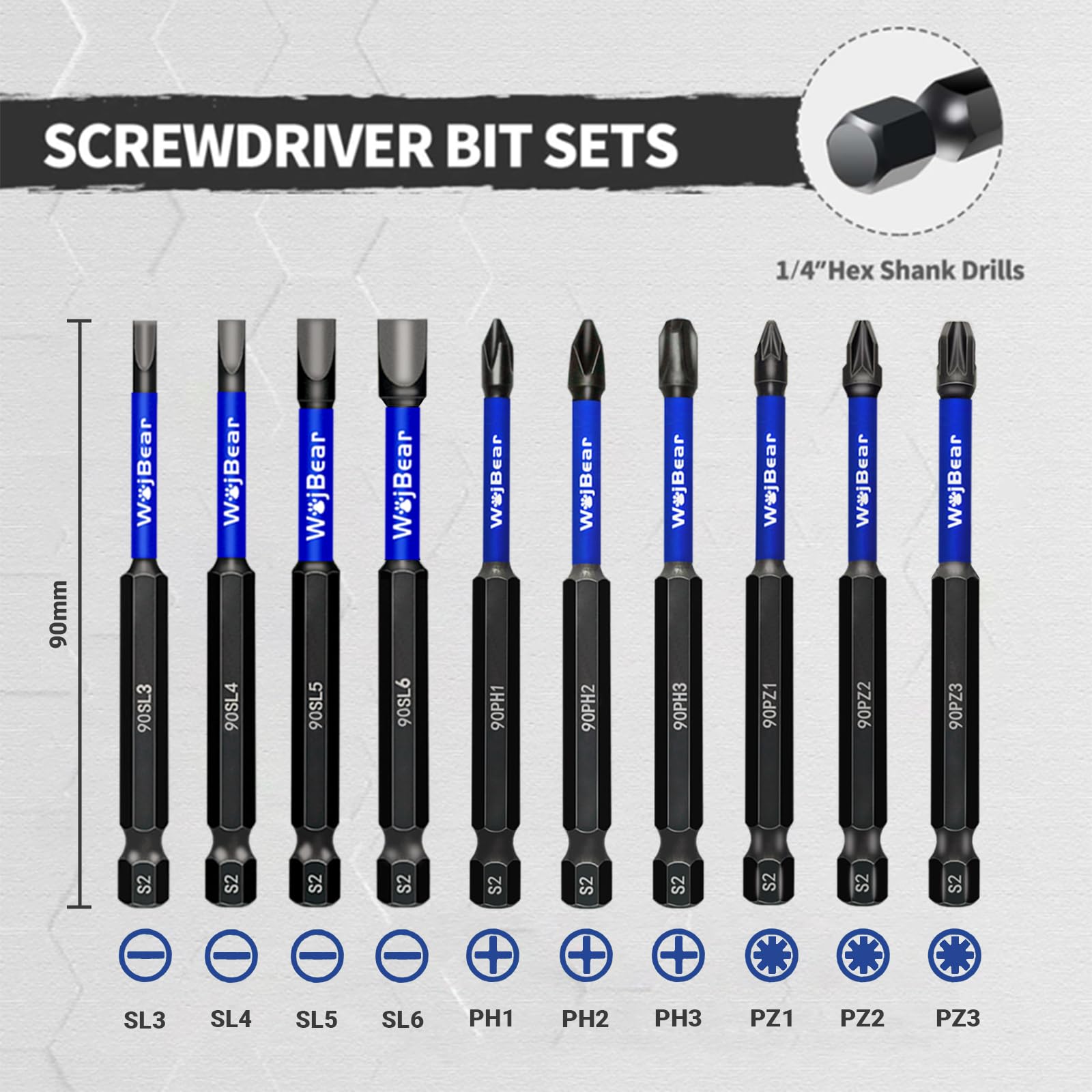 WojBear 10Pcs Magnetic Impact Driver Bits, 90 mm Long Magnetic Pozidriv Screwdriver Bits, SL3 SL4 SL5 SL6 PZ1 PZ2 PZ3 PH1 PH2 PH3 - Image 2