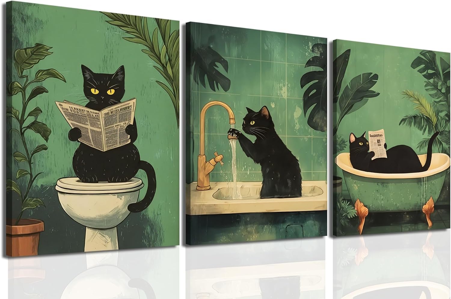 DAMAIART Divertente set di 3 quadri da parete per bagno con gatti neri, stampe su tela con animali stravaganti per decorare le pareti del bagno (50x70cmx3/senza cornice)