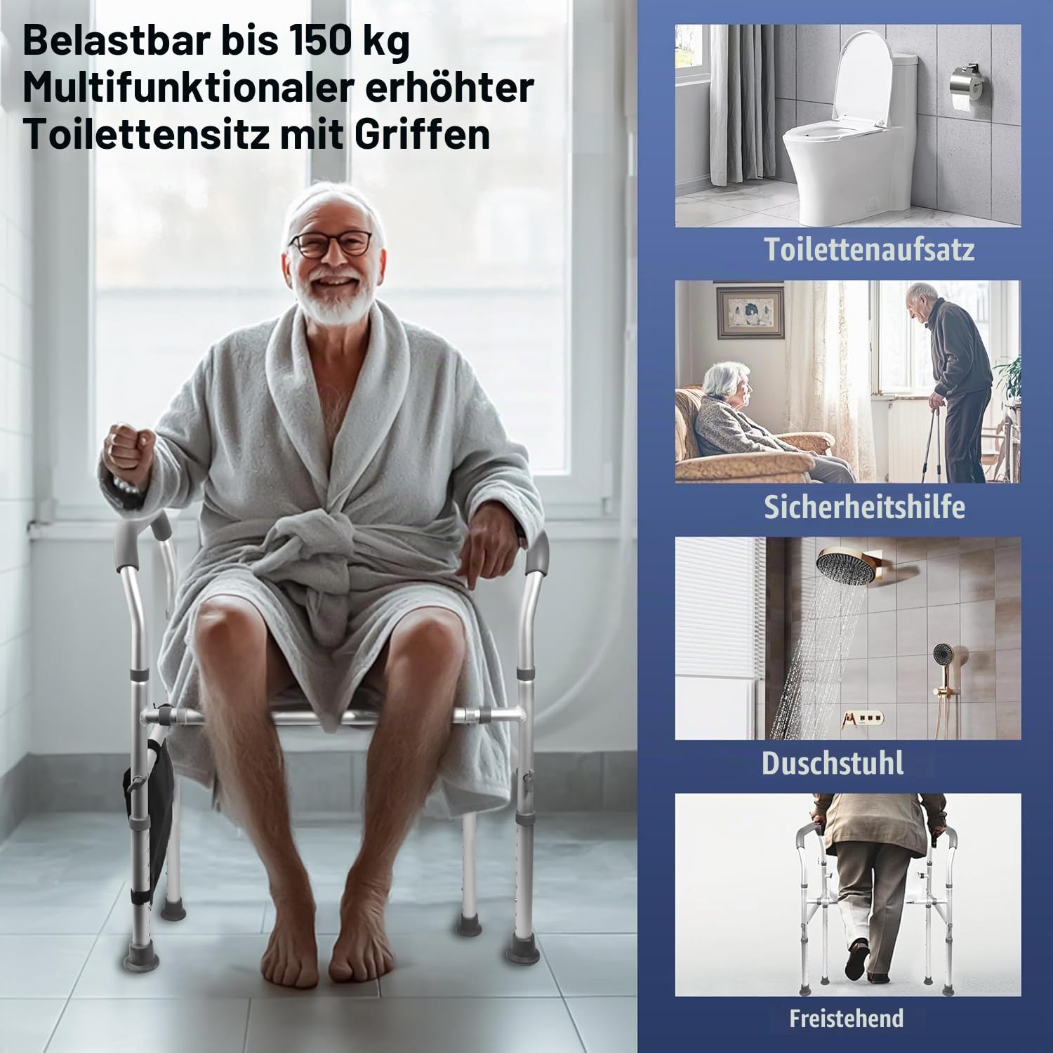 ToilettensitzerhöHung mit Armlehnen, WC Sitzerhöhung mit Höhenverstellbaren, Aufstehhilfe Toilette für Senioren, Tragfähigkeit 160 kg