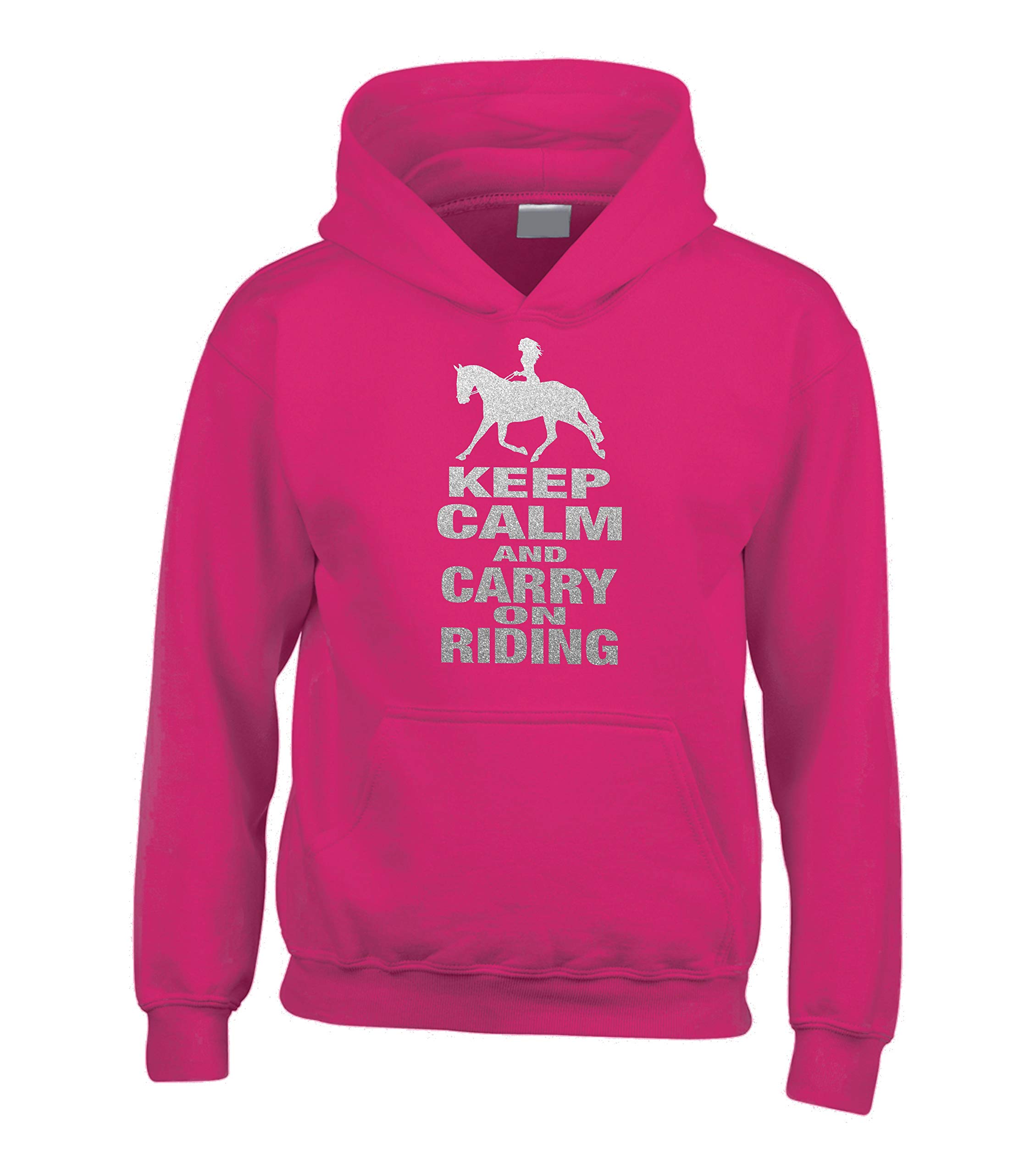 Fuchsia Hoodie L 14-16 (44") 'Keep Calm and Carry ON Riding' with Silver Sparkling Glitter Print