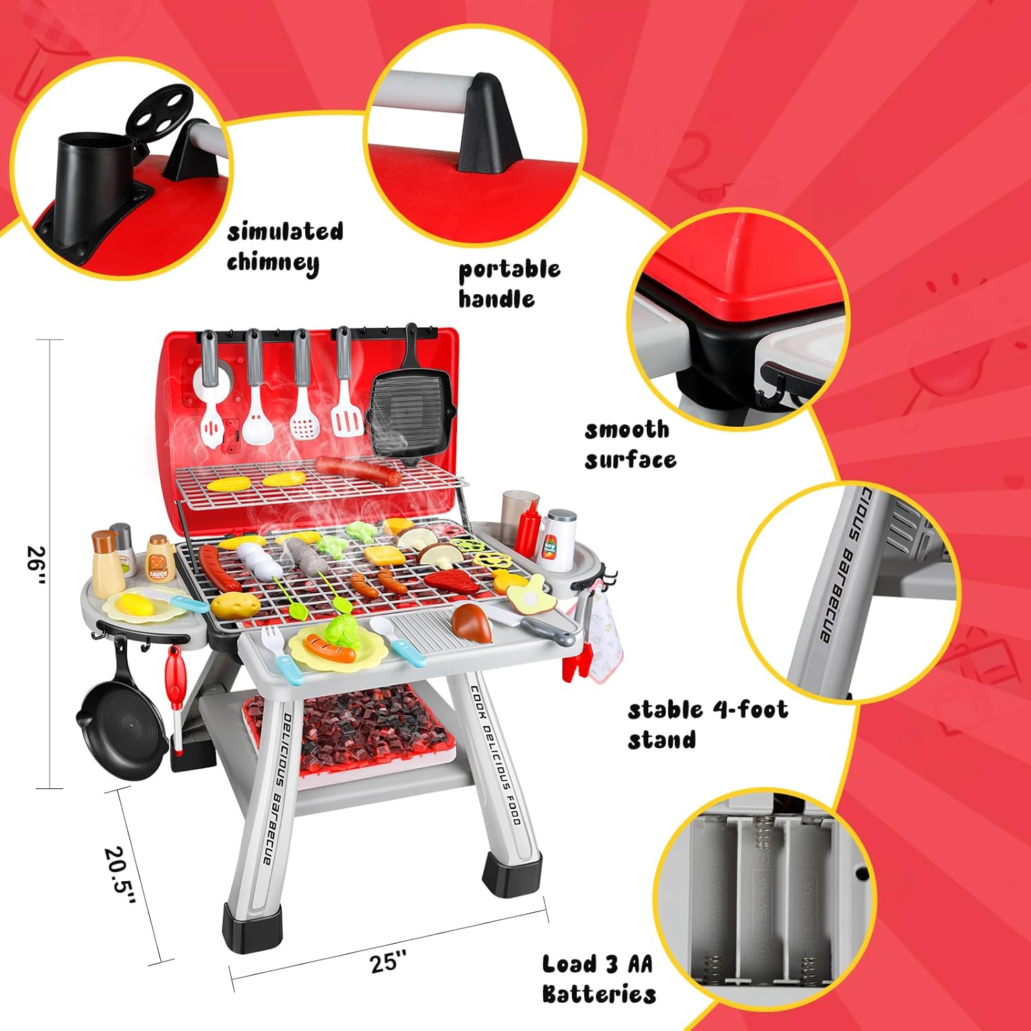 41Pcs Toy Grill Kids Grill Playset with Sound & Light for Toddlers - Kids BBQ Grill Playset for Indoor and Outdoor Kitchen Playset for Kid