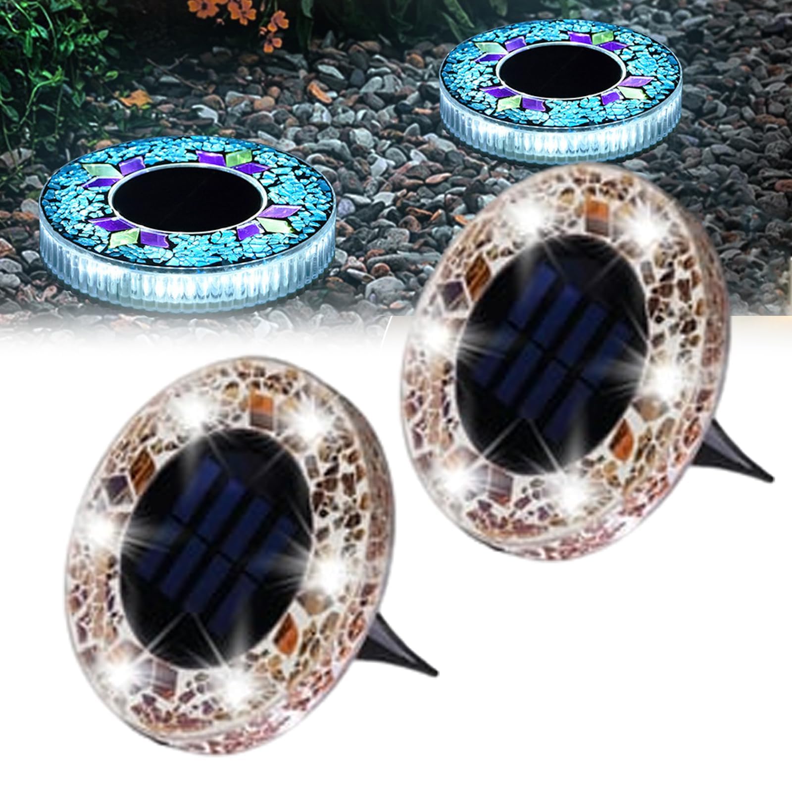 Mosaic Solar Disk Light, Waterproof Outdoor Glass LED Garden Stake Lighting, Colorful Landscape Yard Decor for Walkway, Patio & Lawn, Auto On/Off Decorative Driveway Lamps