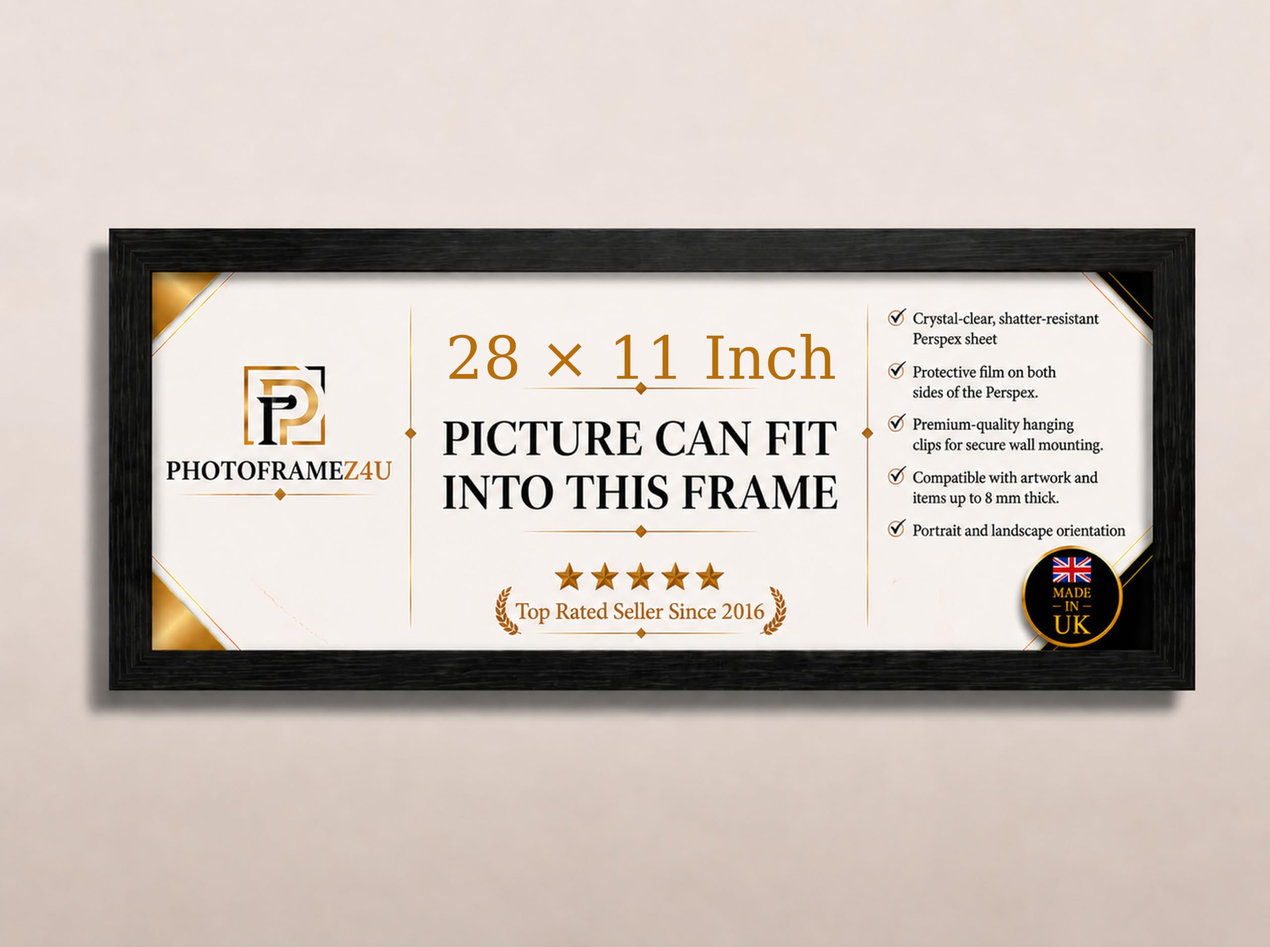 28x11 Inch Thin Panoramic Picture Frame | Black Panoramic Photo Frame & Poster Frame for Pictures, Photos, Documents, Jigsaw Puzzles, Artwork | Landscape or portrait Wall Mount Display