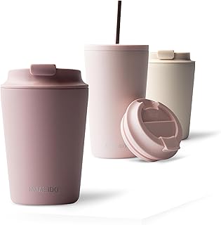 MAMEIDO kubek termiczny 350 ml, szczelny kubek na kawę na wynos ze stali nierdzewnej z podwójną ścianką izolowany, szczelny kubek na kawę coffee to go utrzymujący ciepło (Powder Blush)
