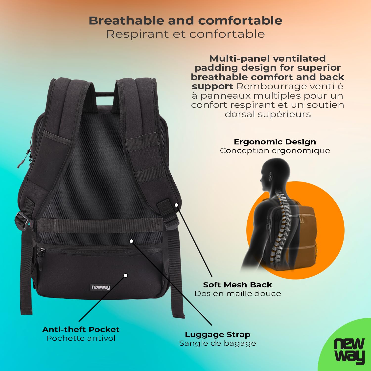NEWWAY – Plecak podróżny pod siedzeniem w samolocie 16L 43 x 30 x 13 cm na laptopa 15,6", z portem USB, antykradzieżowy, wodoodporny, lekki, wygodny, do pracy, do szkoły, dla mężczyzn i kobiet, czarny