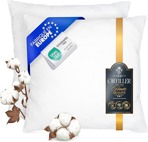 Home Oreiller 65x65 Lot de 2 Coussin Anti-Acarien Certifié O FAM