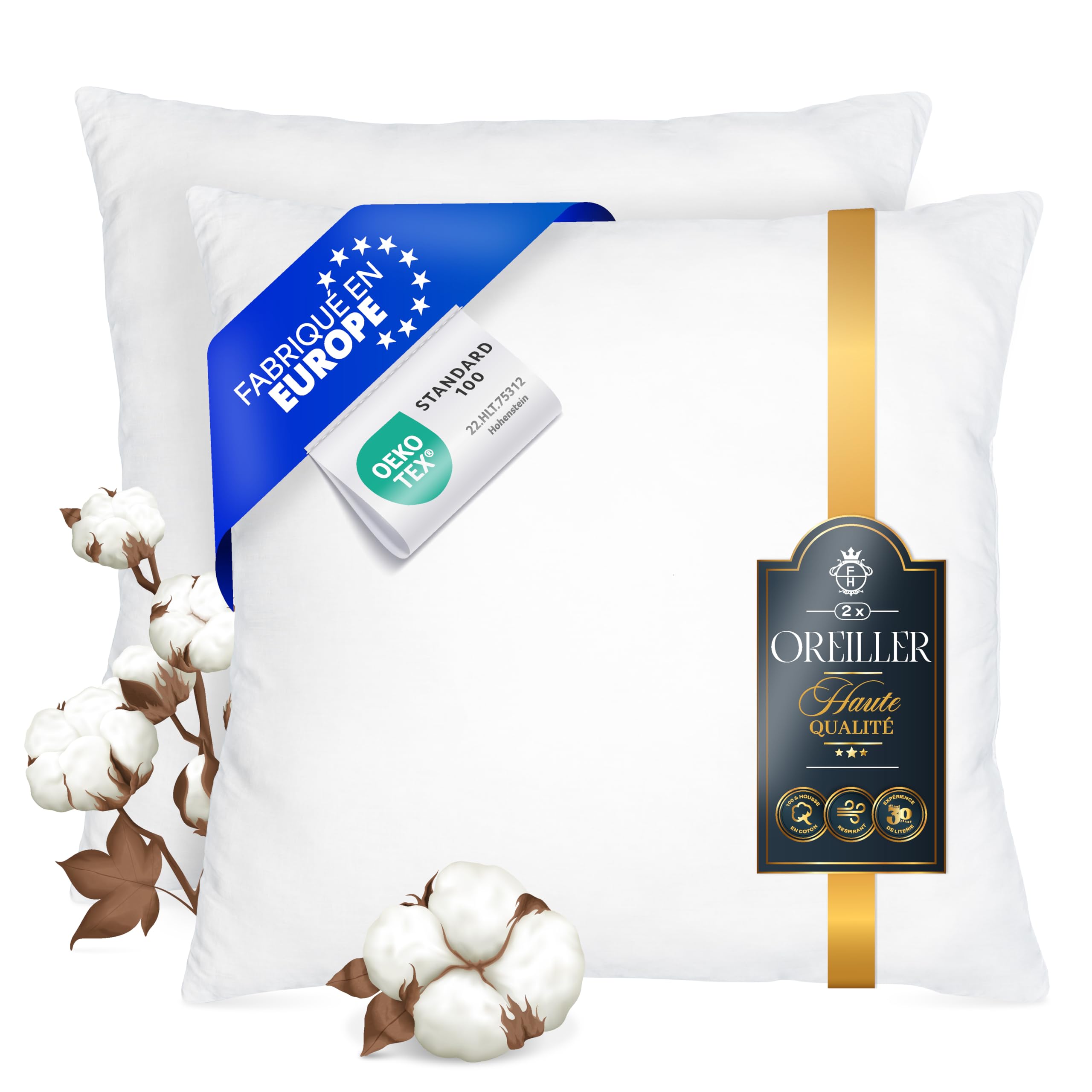 FAM’Home Oreiller 65x65 Lot de 2 | Hypoallergénique Coussin Rectangulaire Respirant et Lavable | Oreillers en Boules de Fibres Creuses en Polyester | Moelleux et Facile d'entretien | Anti Acarien