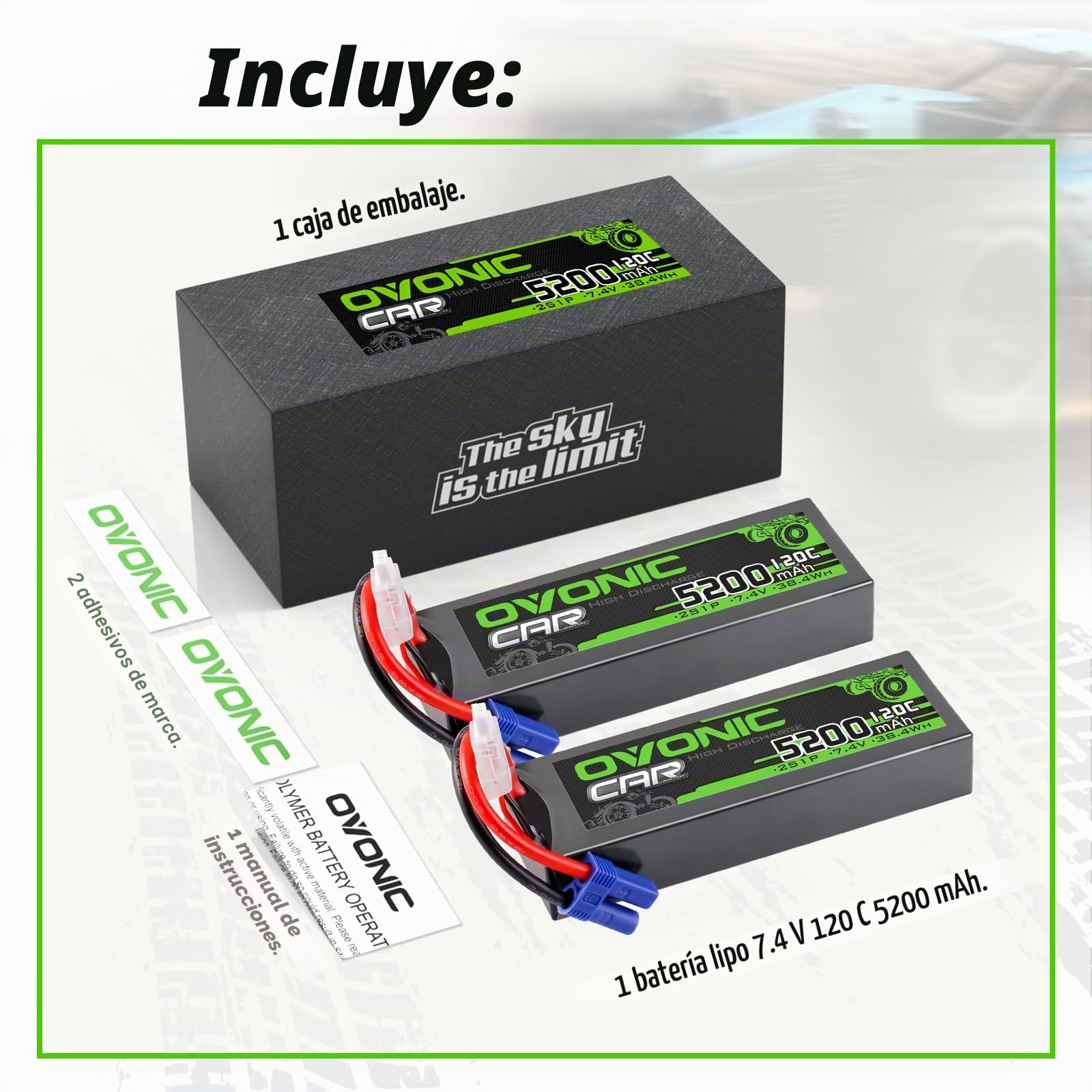 Batería Lipo 2S 7.4V 5200mAh 120C Con Conector EC5 Para Coches RC – Estuche Rígido, Alta Durabilidad, OVONIC