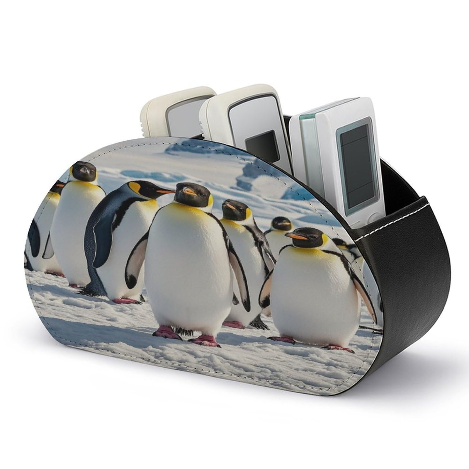 FekiLoot Leather TV Remote Control Holder with 5 Compartments Multifunctional TV Remote Holder Bedside Table Remote Caddy Storage Box Cute Penguin Remote Organizer for Home Office