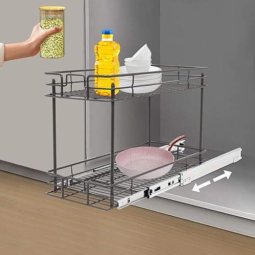 Miniatura 8 de KarweuSu Estante extraíble y organizador de cajones de armario de cocina de 2 niveles, cesta de almacenamiento de despensa deslizante en varios