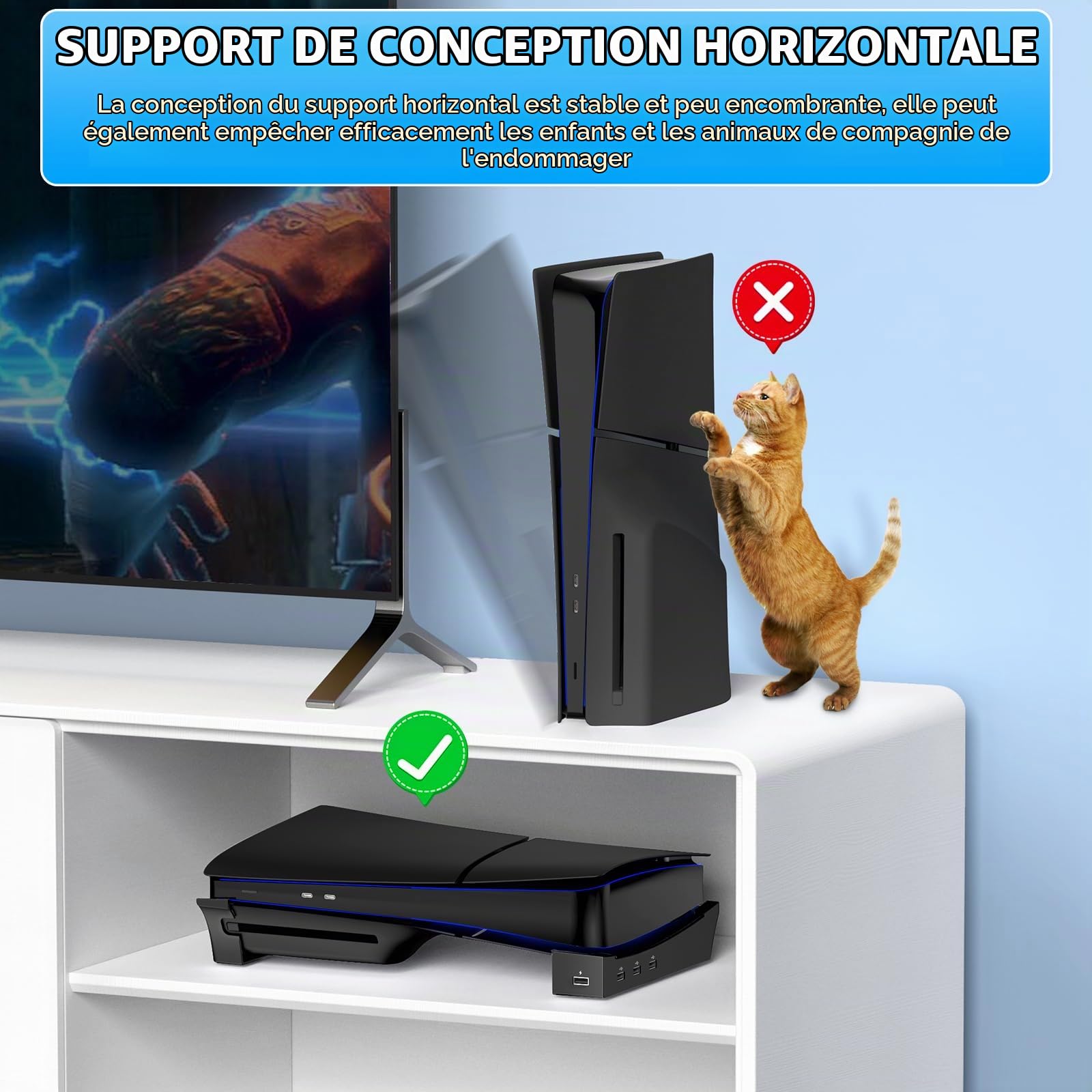 Support Horizontal pour Nouvelle Console PS5 Slim avec Hub USB 4 Ports, Base Support Accessoires pour 2023 Playstation 5 Slim Disc & Digital Edition, Support avec 4 Ports USB 2.0 Date pour Chargement