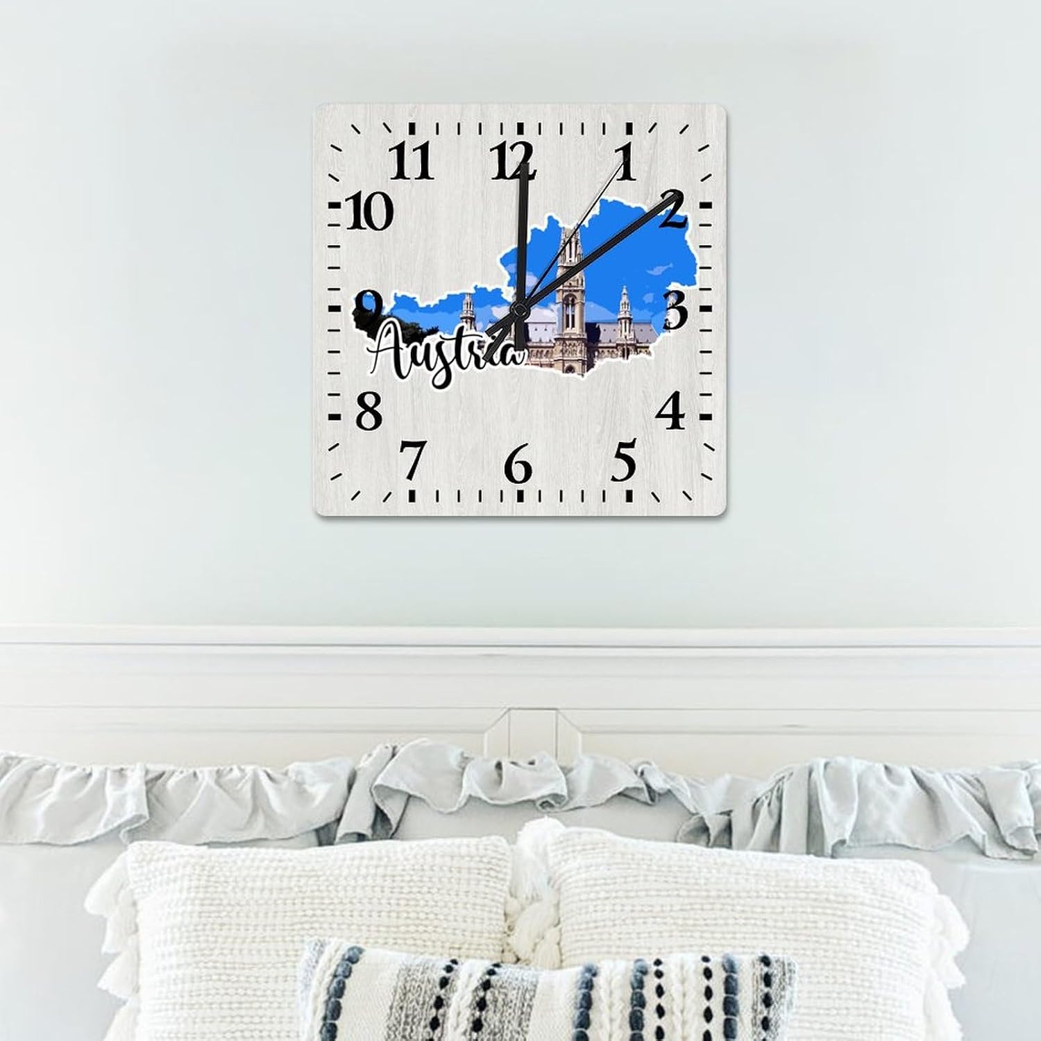 Austria Landmark Scenery Wall Clock Austria Map Wooden Wall Clocks Battery Operated 15 Inch Non-Ticking Retro Cabin Wall Decor for Kitchen Bedroom Living Room Office