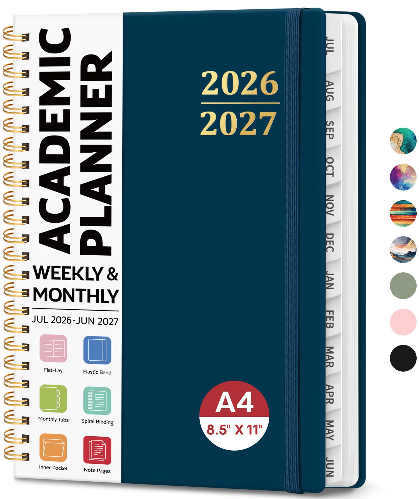 Agenda académique 2026-2027, 21,6 x 27,9 cm, calendrier hebdomadaire et mensuel, juillet 2026 à juin 2027, grand organiseur à couverture rigide avec onglets, parfait pour les enseignants, les