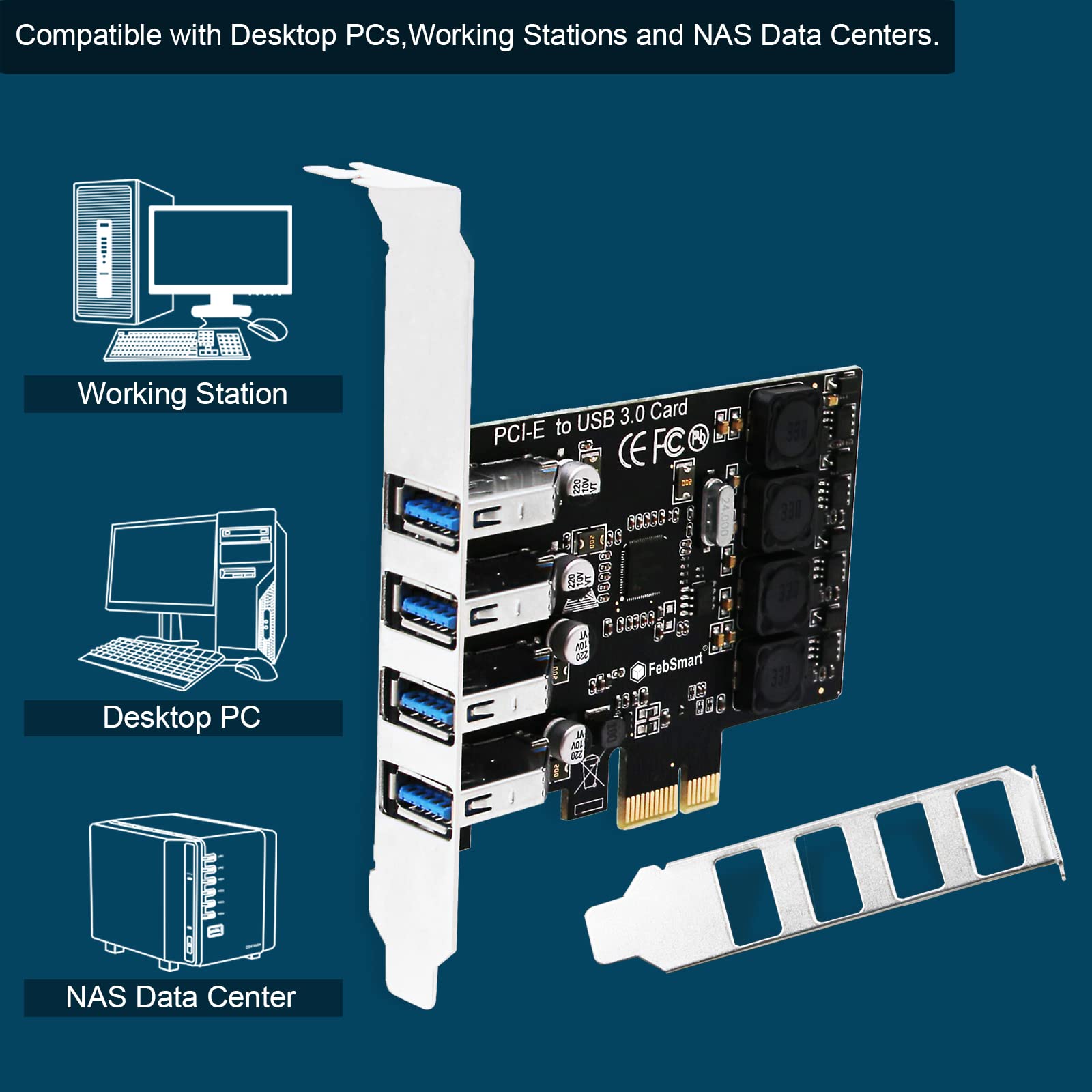 Placa De Expansão USB 3.0 FebSmart - 4 Portas 5Gbps Para PC Com Tecnologia Autoalimentada
