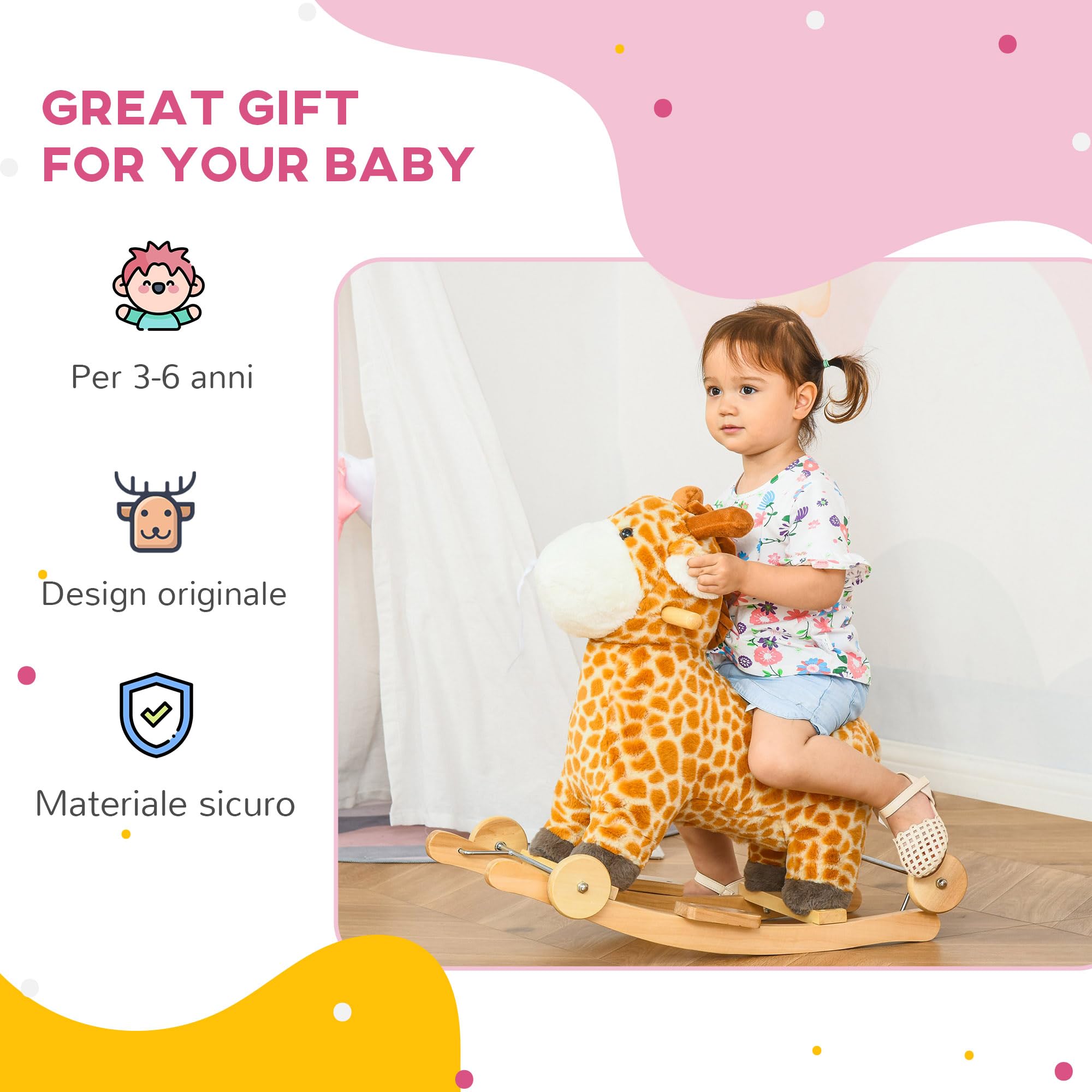 HOMCOM Cavallo a Dondolo per Bambini a Giraffa con Ruote e Suoni, Gioco Cavalcabile per Bambini 3-6 Anni in Peluche e Legno, 63x38x63cm, Giallo