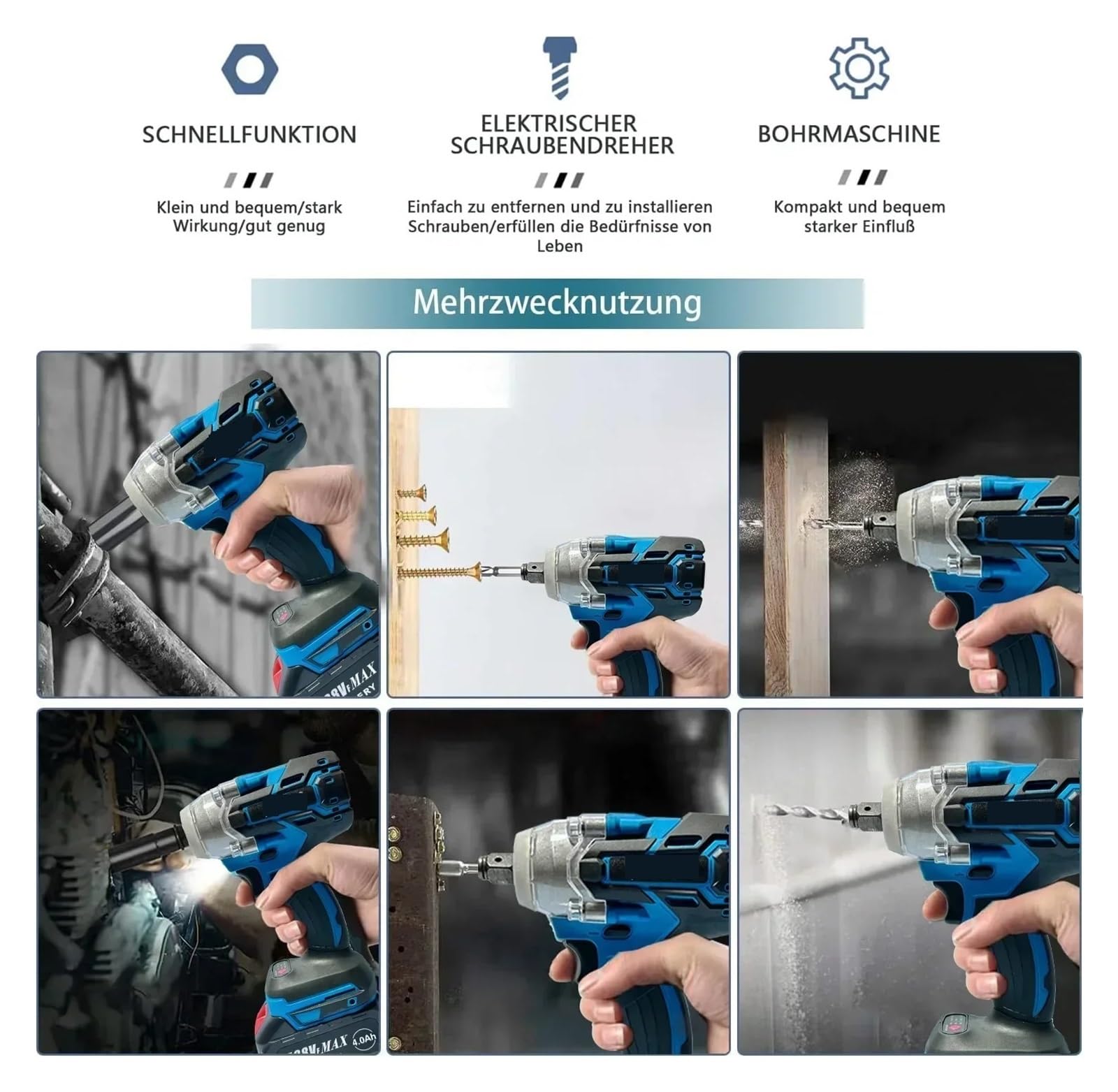 Llave de impacto Llave De Impacto Eléctrica Sin Escobillas De Torsión 520N.M, Llave Inalámbrica Con Batería De Iones De Litio De 1/2 Pulgadas, Herramientas Eléctricas For Batería De 18V(1 Battery)