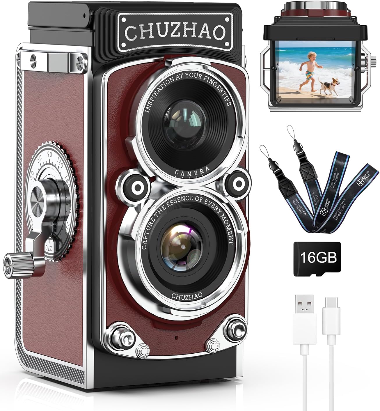 CHUZHAO Retro TLR Style Digital Camera, Vintage Mini Point and Shoot with 1080P FHD Video, 12MP Autofocus, Pocket Travel Camera with 16GB Card, Gift for Kids Teens Adults (Red)