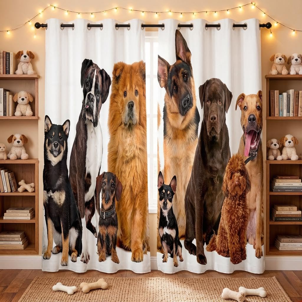 Loussiesd Dog Window Curtain for Kids Boys Girls 3D Dog Print Blackout Curtains Animal Theme Curtains for Bedroom Soft Luxury Microfiber Darkening Thermal Drapes 2 Panel Set W46*L54