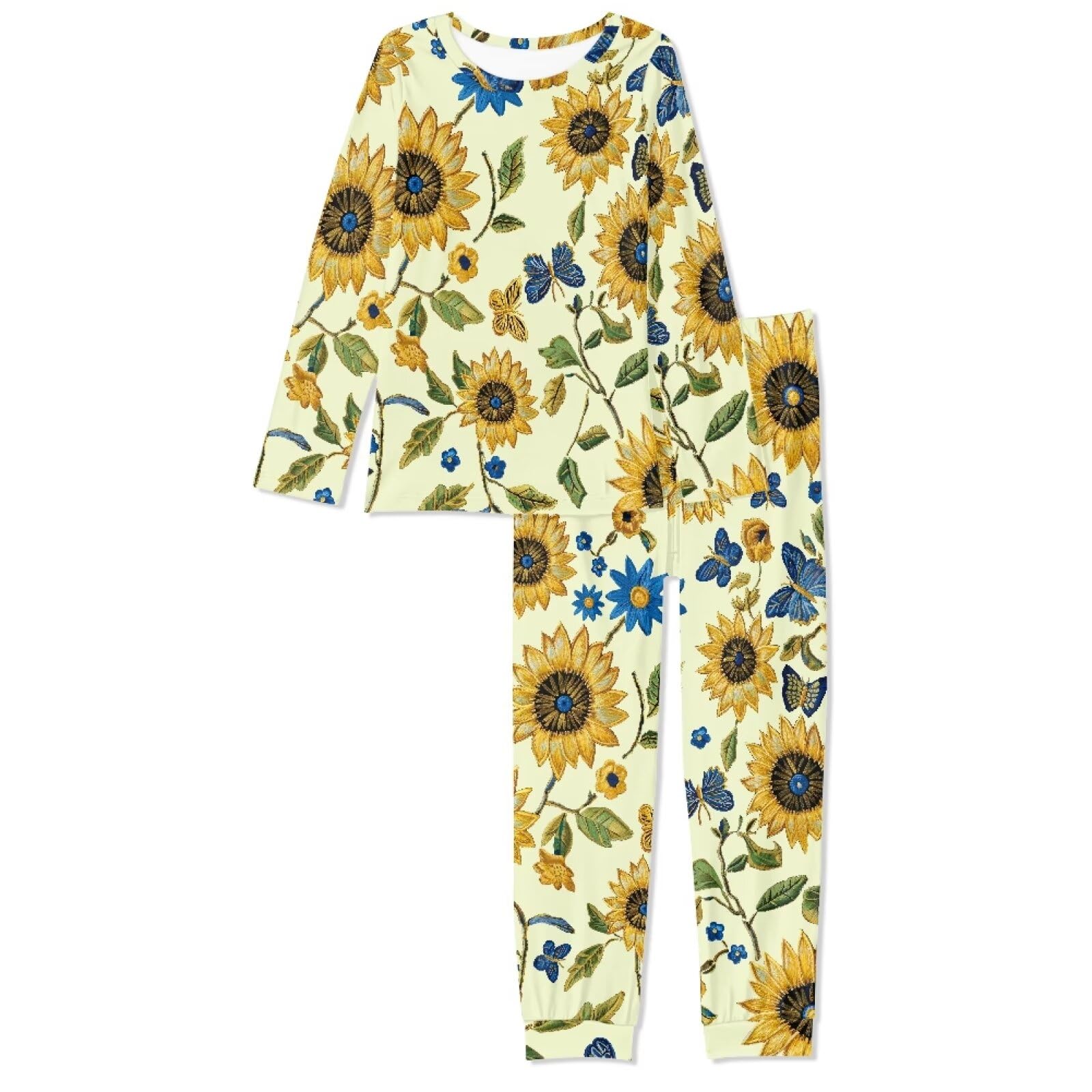 Biyejit Conjunto de pijama vintage de girasol para mujer, manga larga, cuello redondo, ropa de dormir casual con bolsillos para fiesta de pijama, hogar, 2 piezas XS-6XL, Girasol vintage, 6XL