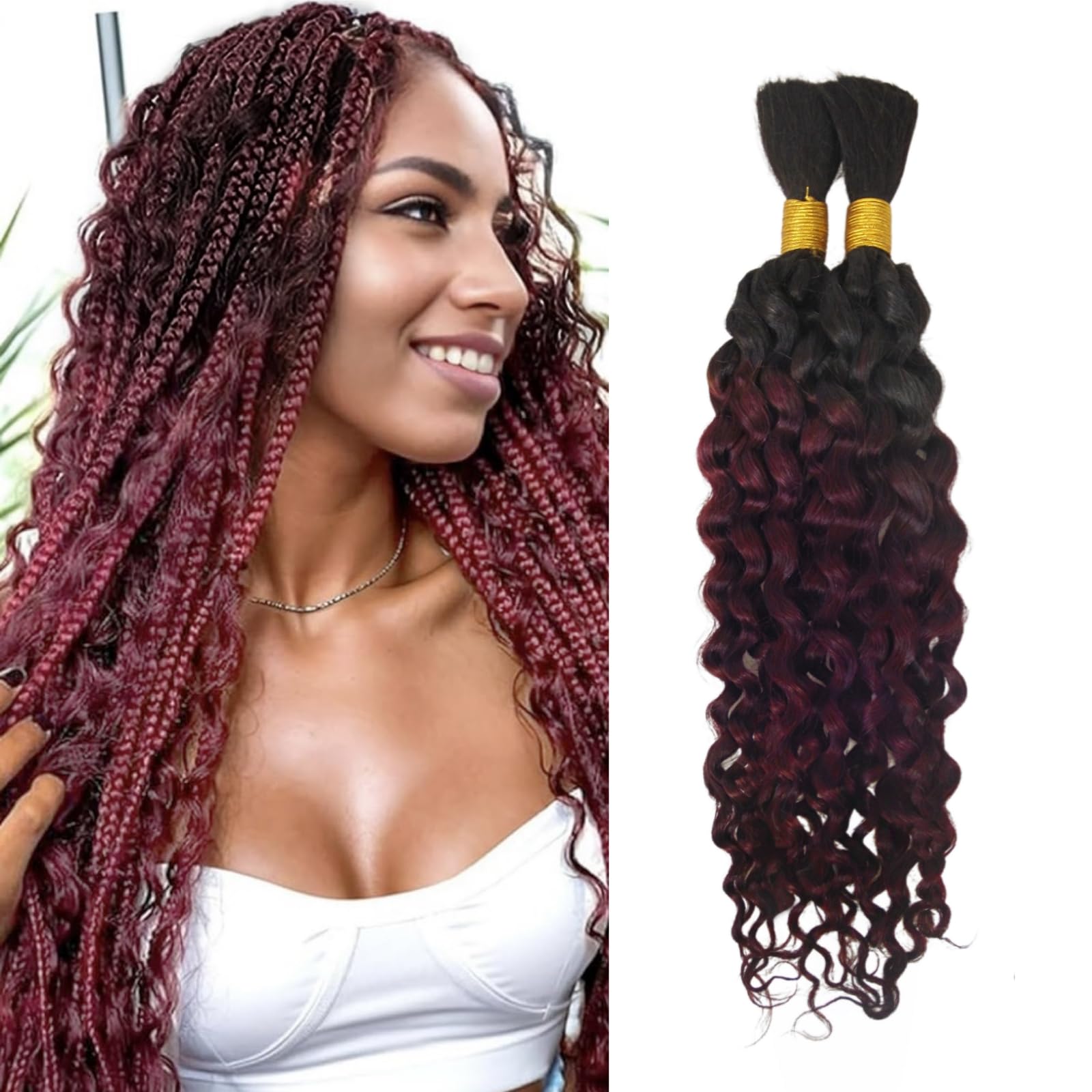 20 Inch Ombre 1b99j Burgundy Water Wave Human Braiding Hair Wet and Wavy for Braiding Bulk Human Hair Curly Extension 2 Pack/100g