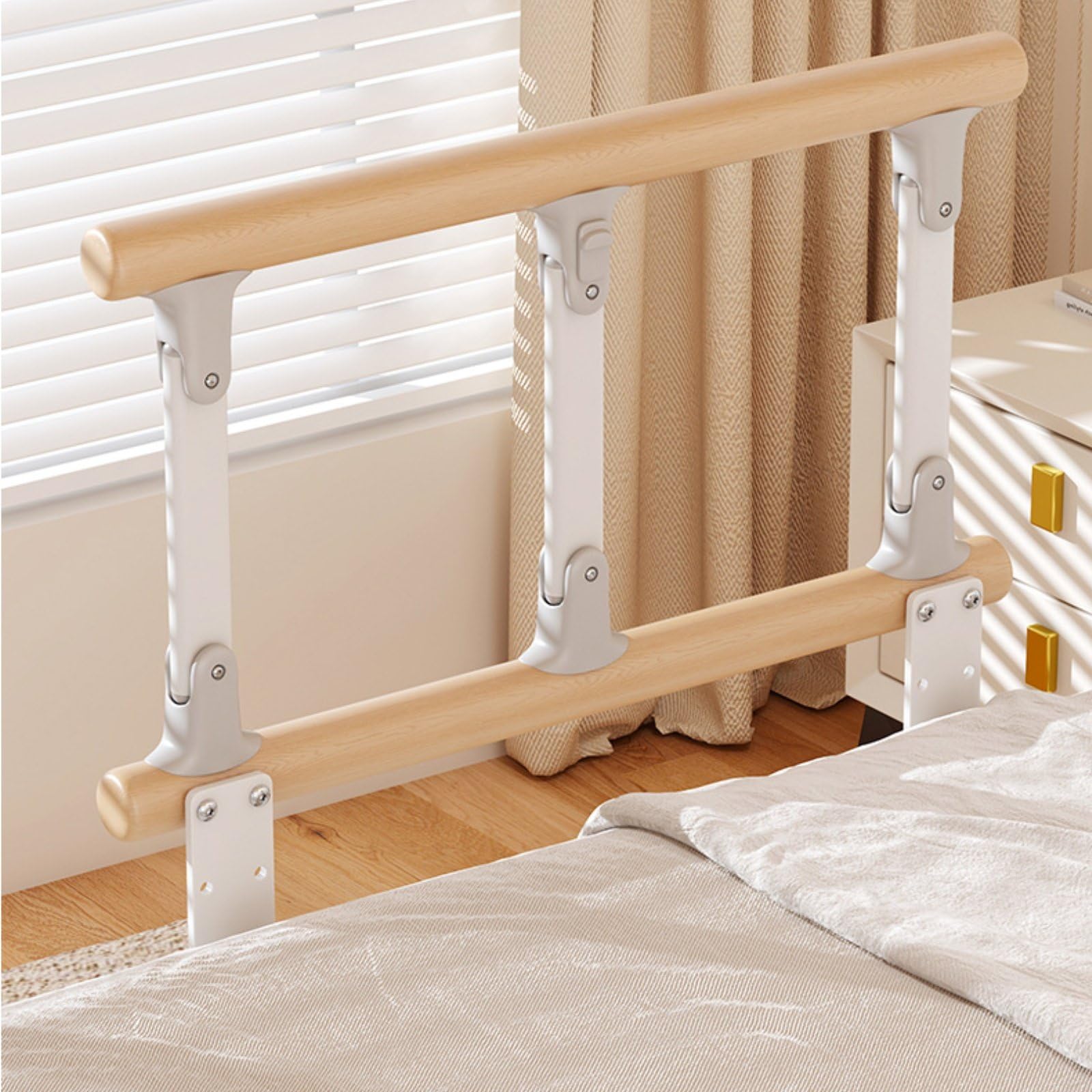 Protector Lateral Plegable sin Instalación Barandal Ajustable Agarre Firme para Ancianos, Pacientes, Barandilla De Cama De Madera Maciza De Tres Postes