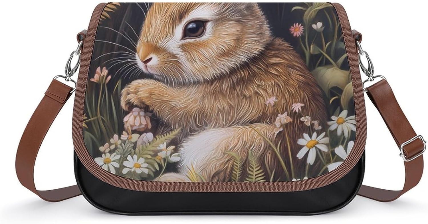 Bunny Rabbits Grass Wildflowers Women Crossbody Purse Leather Messenger Bag Handbags Shoulder Strap Bags