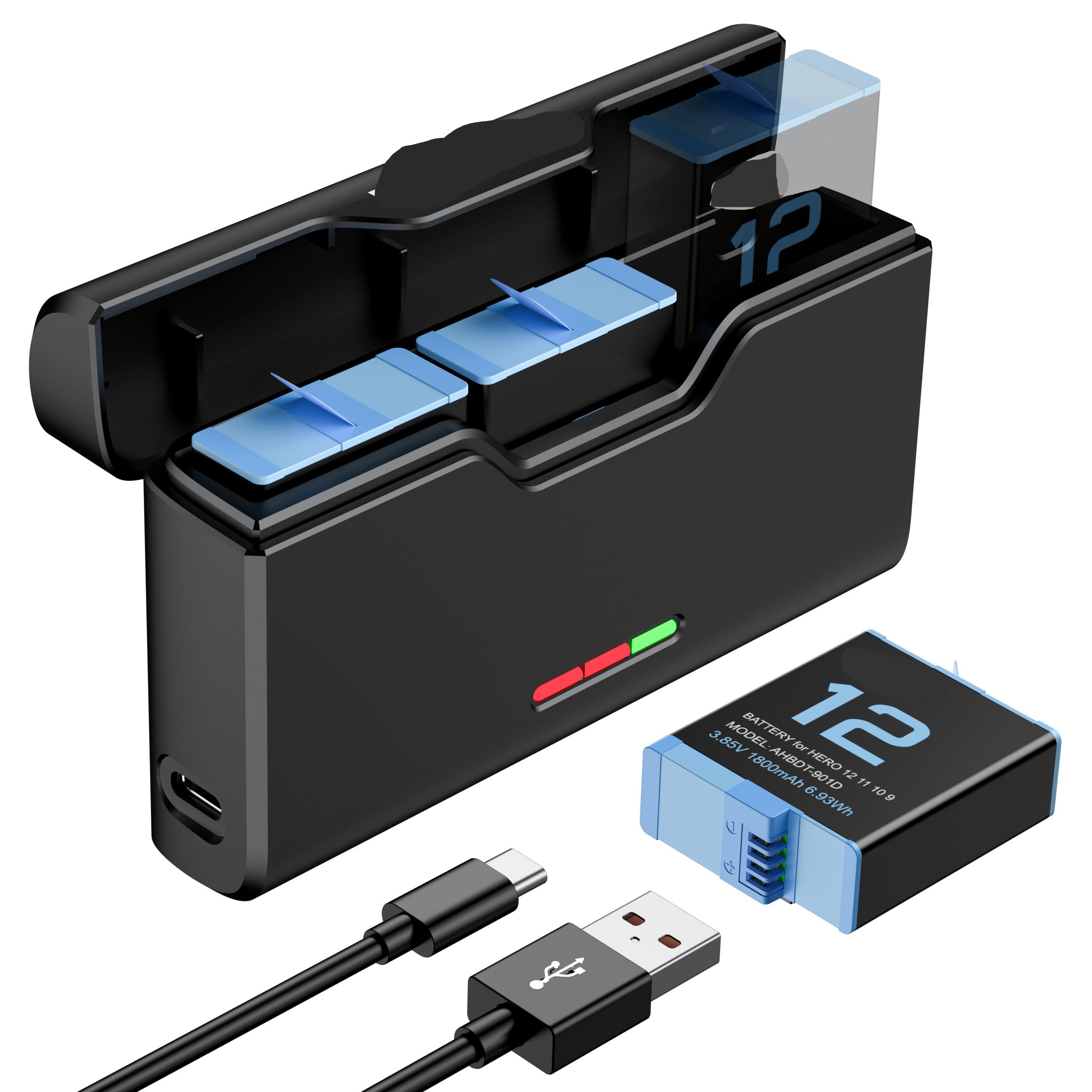 ENEGON Akku-Set für Hero 12, 11, 10, 9 – 3× 1800mAh Akkus und 3-Kanal USB-LCD-Batterieladegerät, voll kompatibel (3× Akkus + 1× Ladegerät