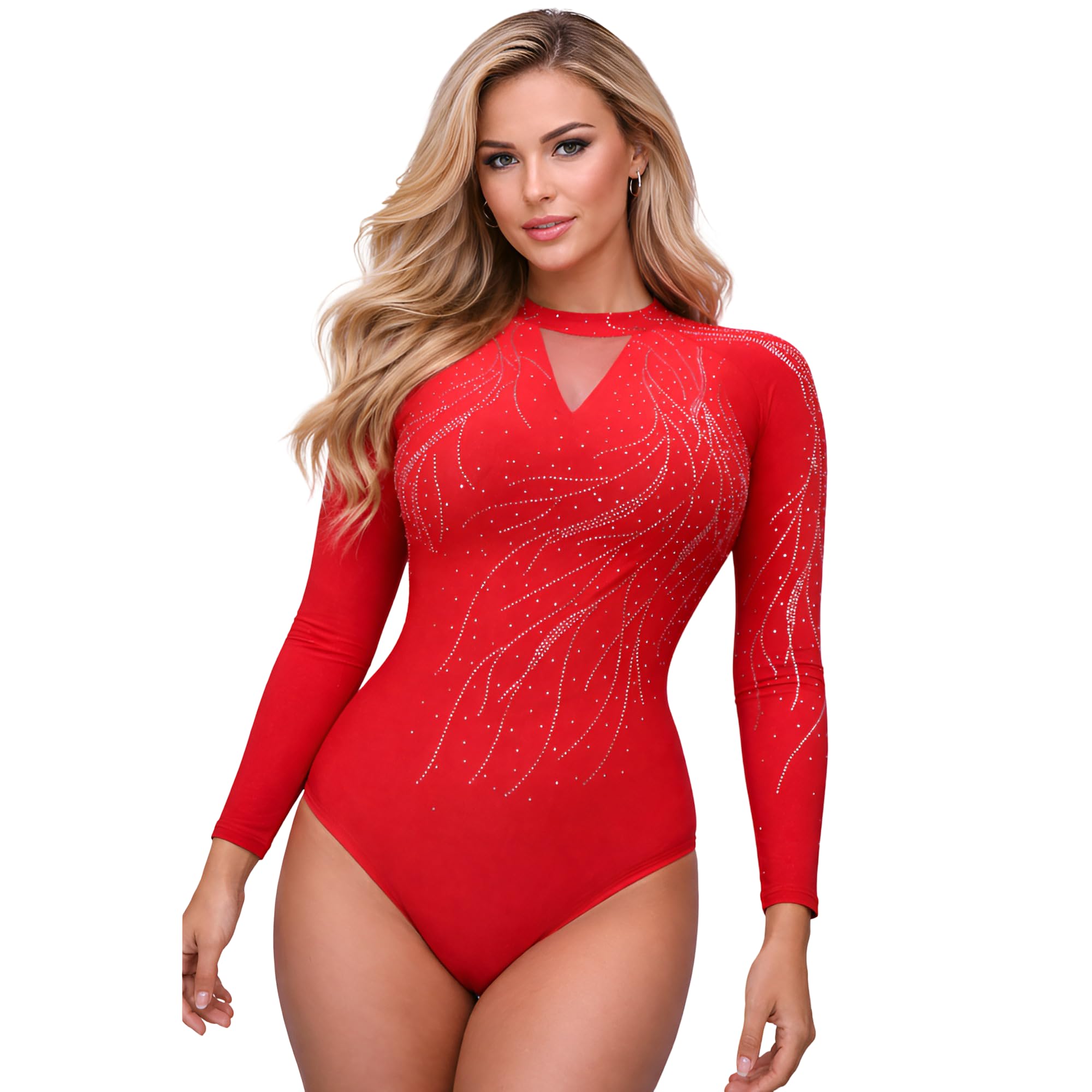 SWADES SPORTS Women/Girls Regal Radiance Leotard for Gymnastics, Aerial, Mallakhamb & Yoga | Red High Neck 3/4 Sleeve Leotard | Fully Embellished with Washable Silver Stones | Size 8Years- L-picture-34