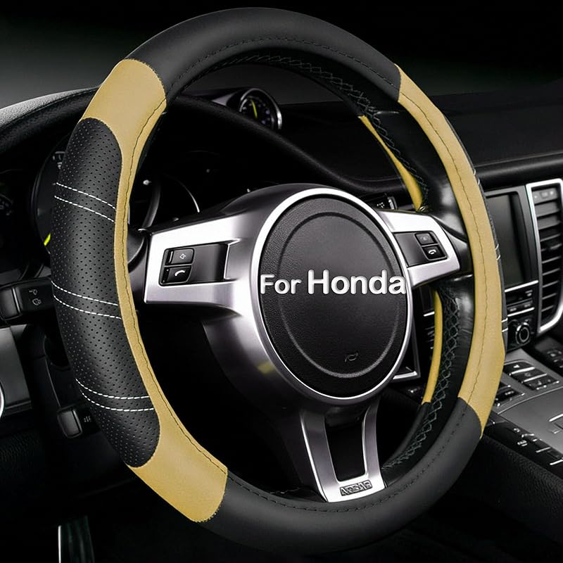 Capa para Volante Honda Accord Civic CR-V HR-V Pilot em Couro Sintético, 14,5–15 pol. (36,8–38,1 cm), Preto-Bege, 1 unidade