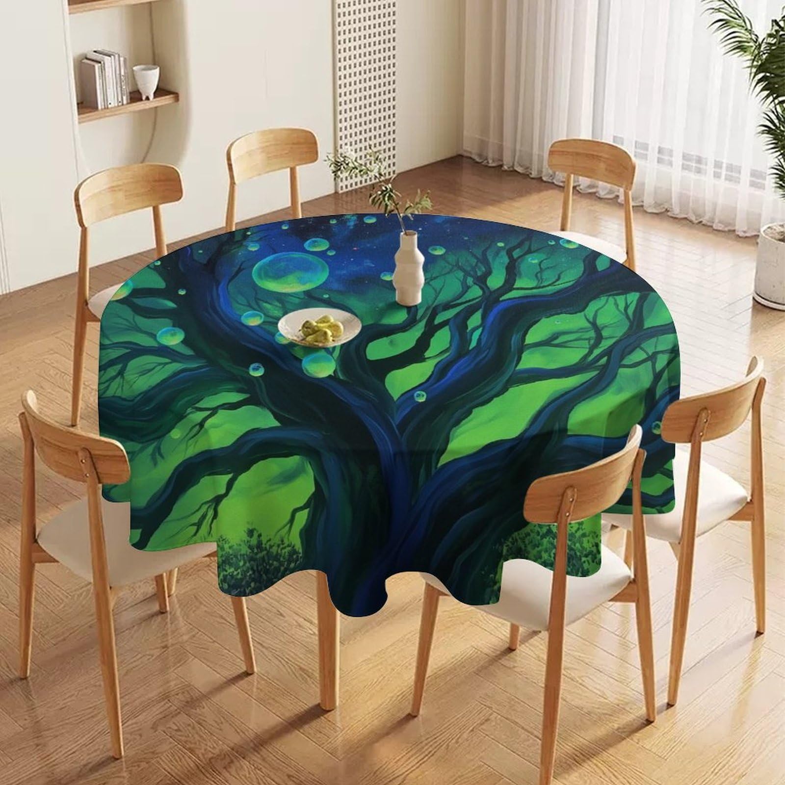 ORDOBO 3D Print Round Tablecloth - Blue Tree Waterproof Dust-Proof 3D Print Table Cover For Dinner Kitchen Garden Fashion Home Countertop Decoration 177X177Cm