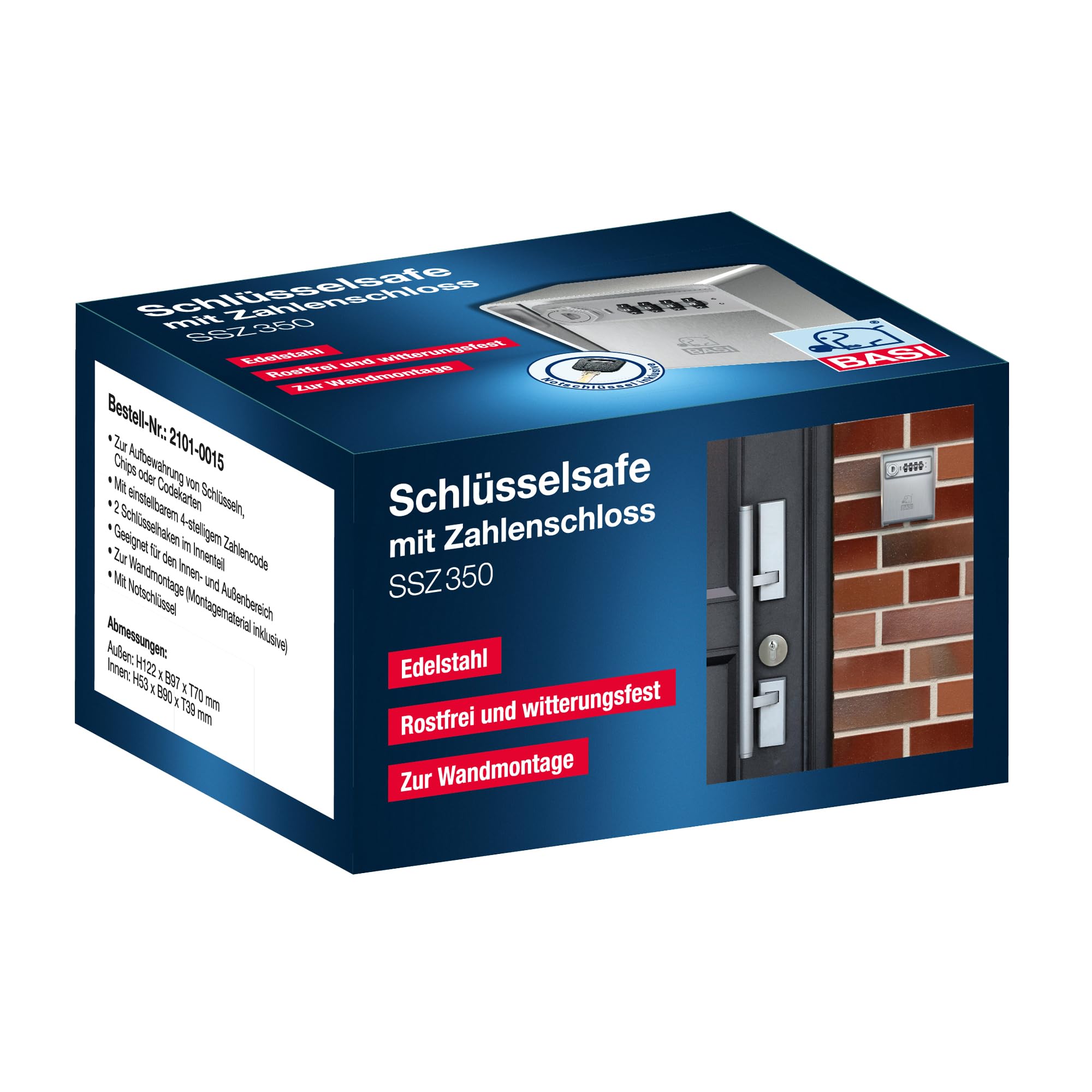 BASI Schlüsselsafe mit Zahlenschloss 3 mm Edelstahl 4-stelliger Zahlencode Schlüsselbox Innen Außenbereich Schlüsseltresor