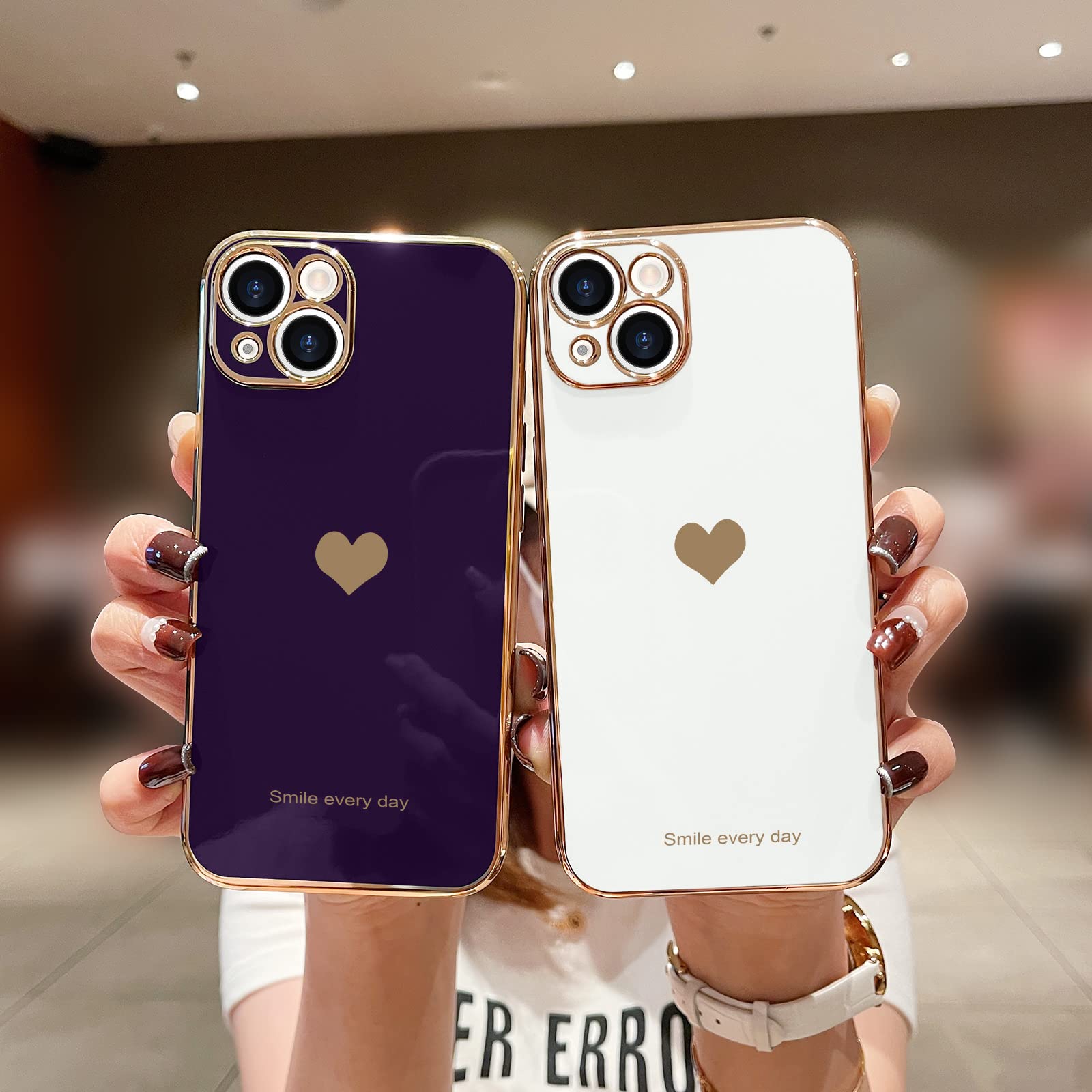 Teageo for iPhone 14 Case Cute Heart Pattern for Women Girls Slim Luxury Bling Plating Soft TPU Anti-Scratch Shockproof Bumper Phone Case for iPhone 14 - Image 2