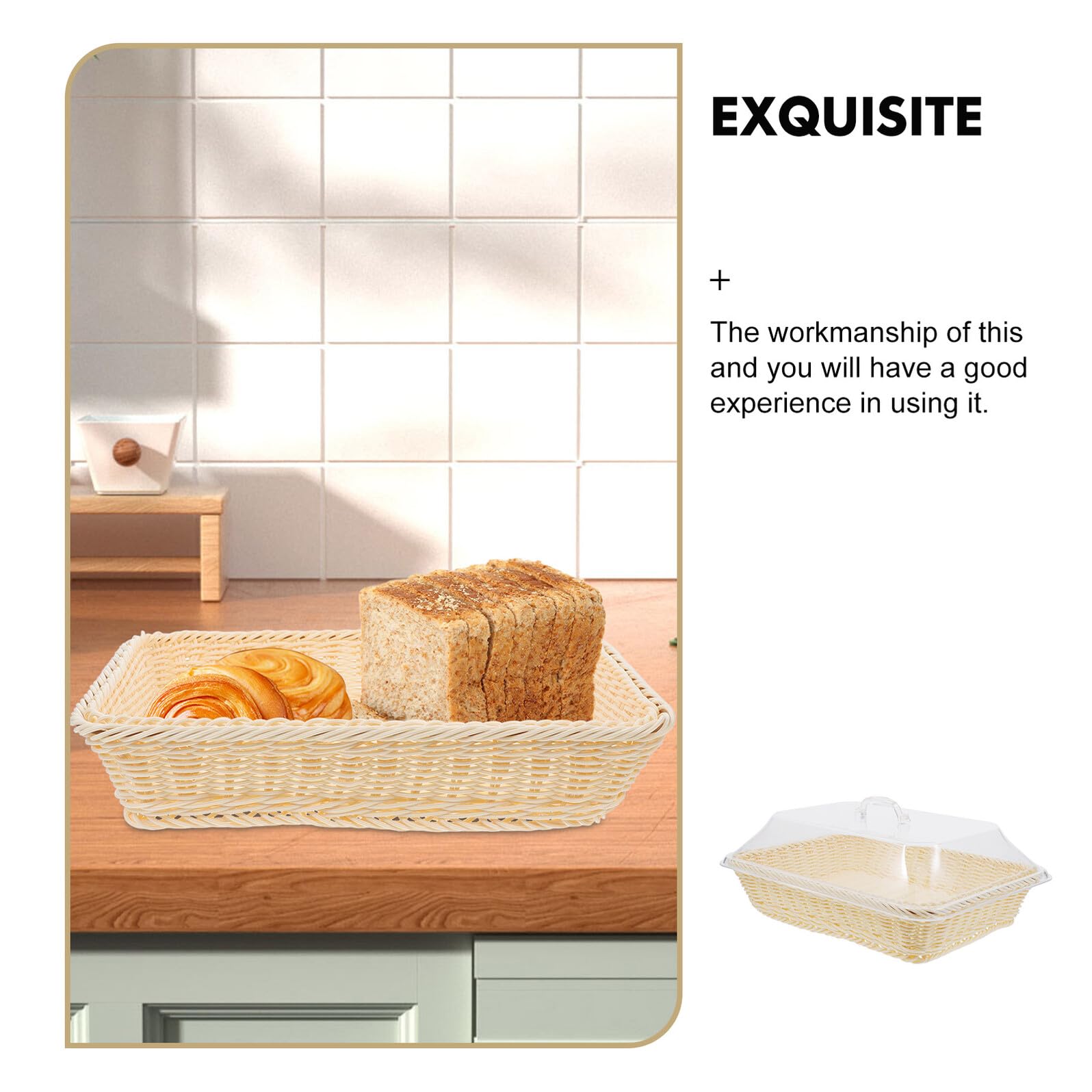 Cabilock Cesta Rectangular de Pan Mano con Tapa Acrílica Cesta de Cocina para Almacenamiento y Picnic Imitación Ratán Beige para Servir Frutas y Alimentos