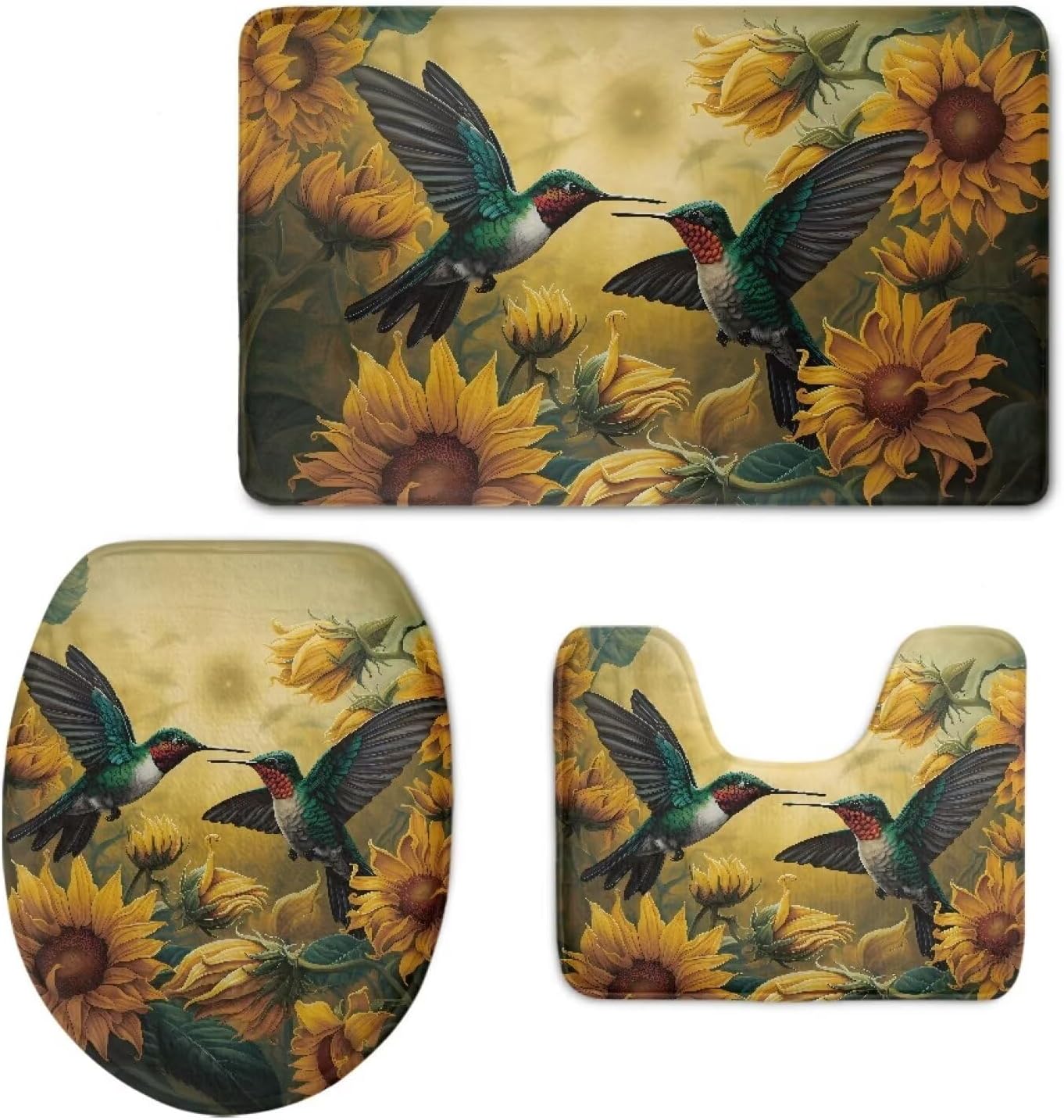 Hummingbird Bathroom Rug Set Absorbent Bath Mat Set Bath Mats Shower Mats Bath Rug Mat Non Slip Contour Mat Bath Mat Set 2 Piece and Toilet Lid Cover and Tank Cover Set