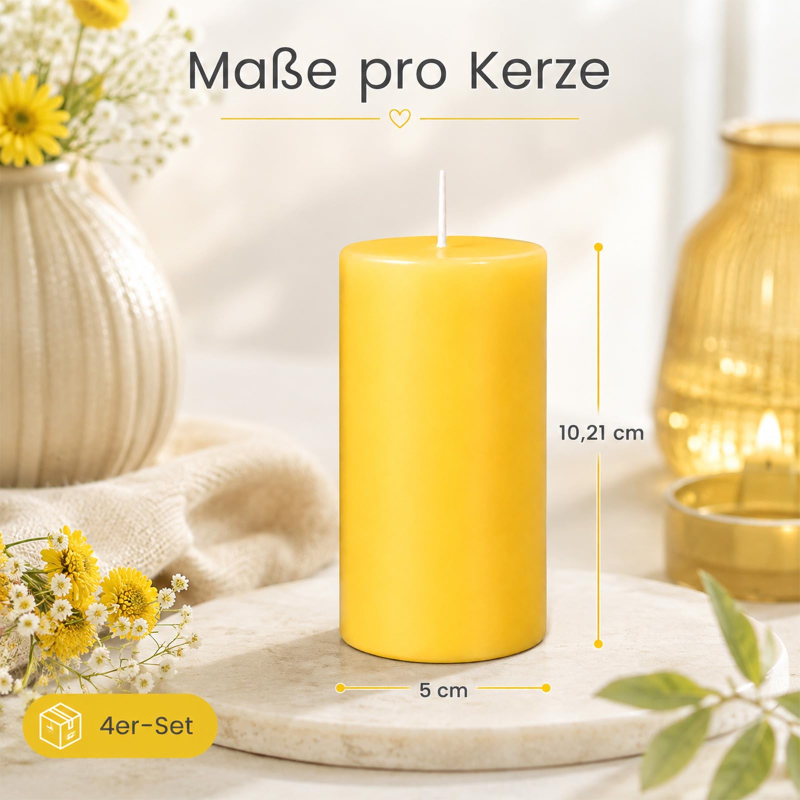 4 Stück Stumpenkerzen, gelbe Kerzen 5x10cm für Zuhause & Dekoration