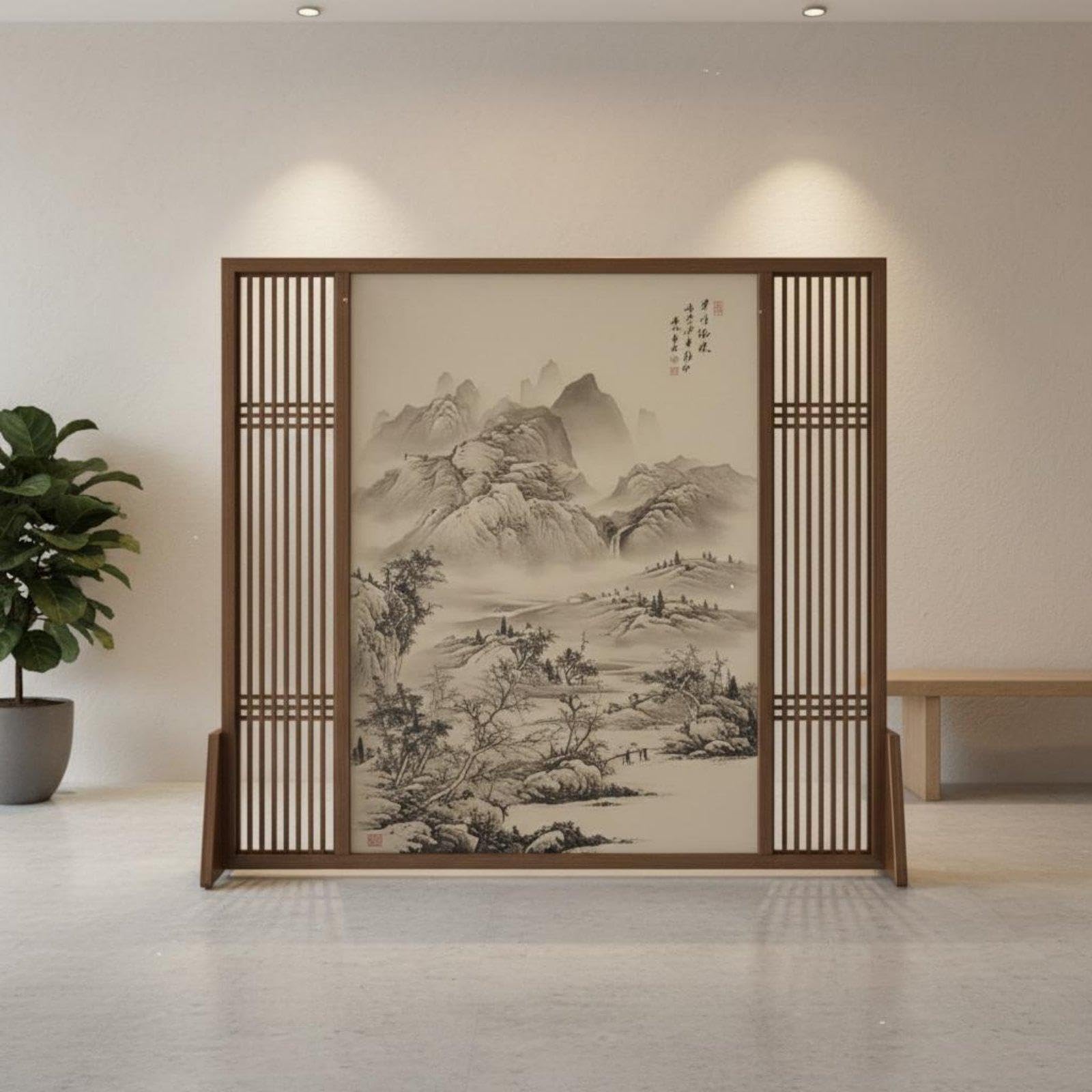 Chinese Design Screen Solid Wood Construction Wooden Frame Partition Hollow-Out Design Meditative Landscape Art Screen for Renters, Restaurant, Hotel 200 * 180cm Null Pine-image-29