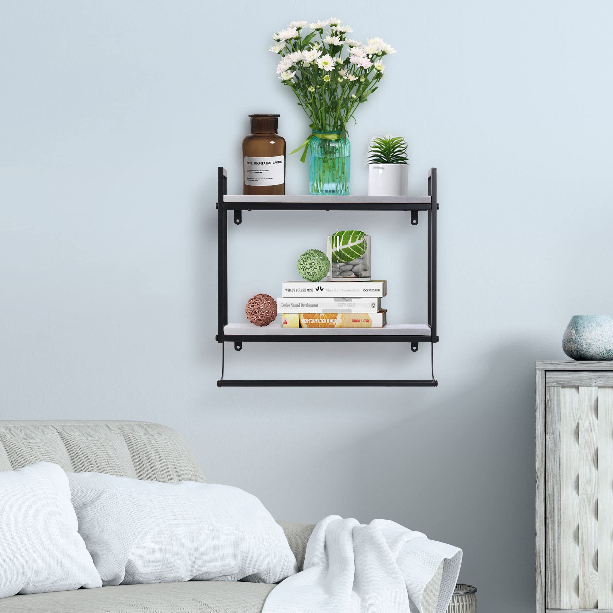 2-Tier Industrial Metal Bathroom Shelves Wall Mounted, 16.9in Floating Shelves Towel Holder,Towel Rack with Towel Bar,Rustic Wall Shelf Over Toilet,Utility Storage Shelf Rack ,Retro White