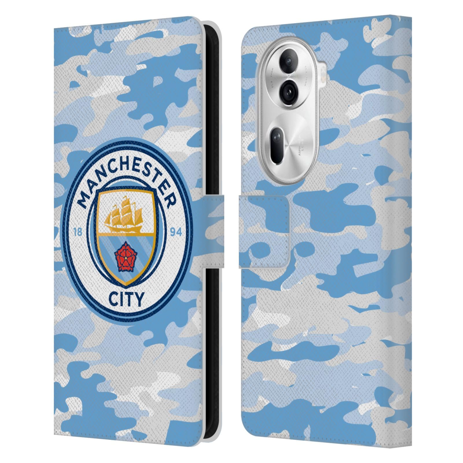 Head Case Designs Officially Licensed Manchester City Man City FC Light Blue Moon Badge Camou Leather Wallet Case Compatible with Oppo Reno11